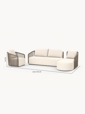 Kapalai Garten Loungesofa Set (5-Sitzer): Modulares Set mit Seilrahmen; bestehend aus Sessel, Dreisitzer-Sofa und Chaiselongue. Gesamtmaß: 355 × 179 cm, Rückenlehne 76 cm hoch.