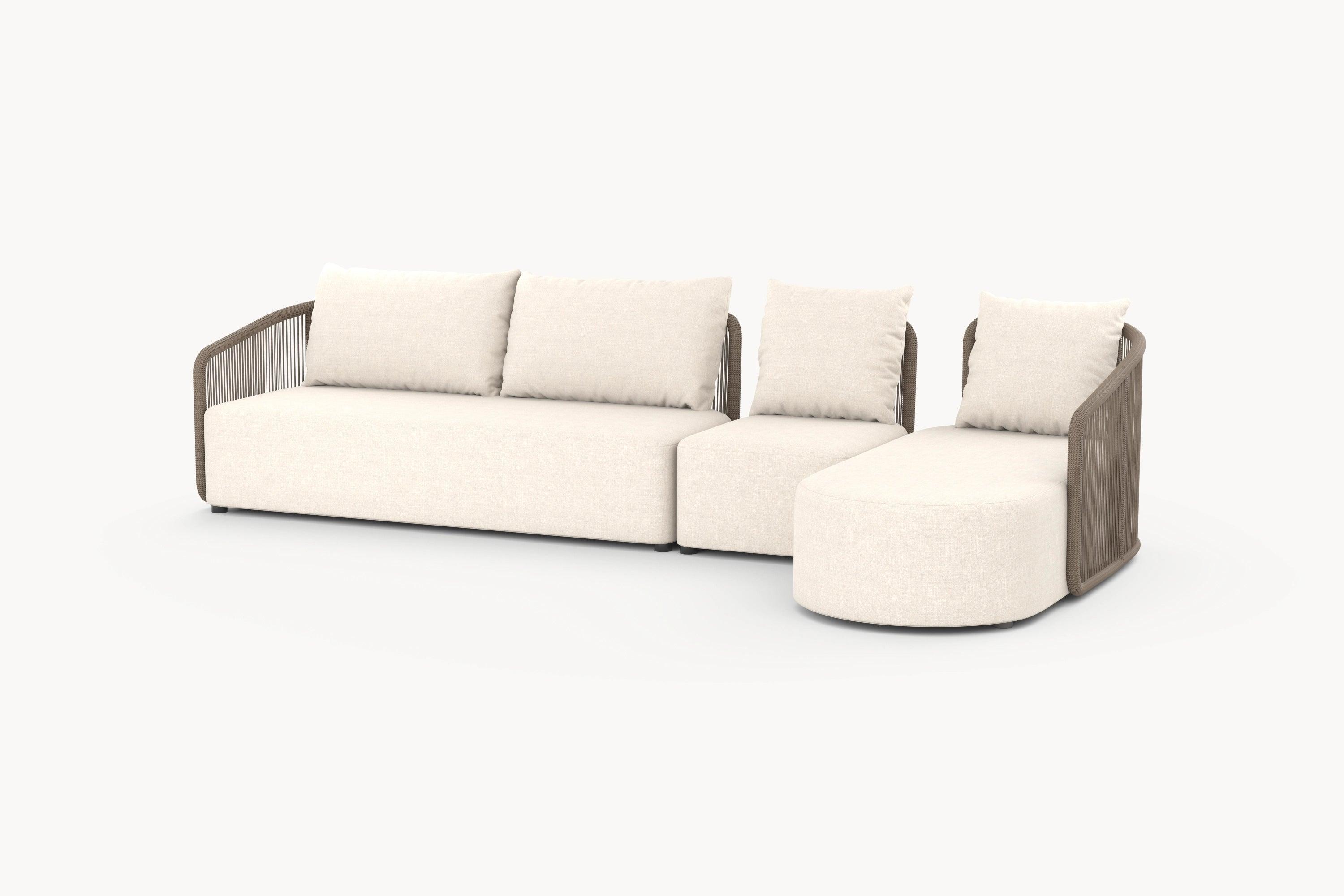 Kapalai Garten Loungesofa Set (5-Sitzer) mit rundem Hocker, weißen Kissen und sanft geschwungenen Armlehnen, ideal für stilvolle und modulare Außengestaltungen.