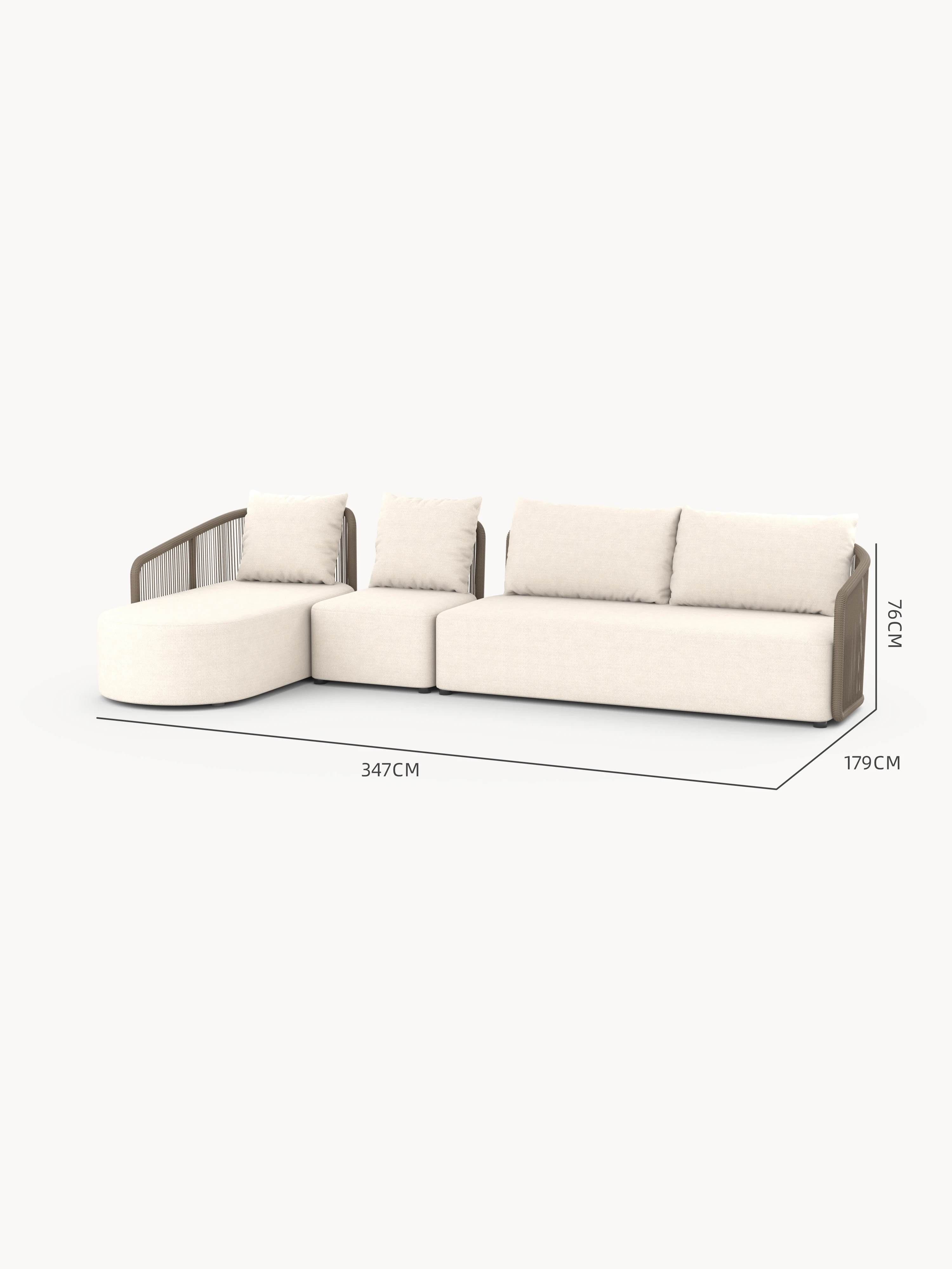 Kapalai Garten Loungesofa Set (5-Sitzer) mit modularer, L-förmiger Anordnung, bestehend aus drei Teilen mit Seildetail. Gesamtbreite 347 cm, Tiefe 179 cm, Höhe 76 cm.