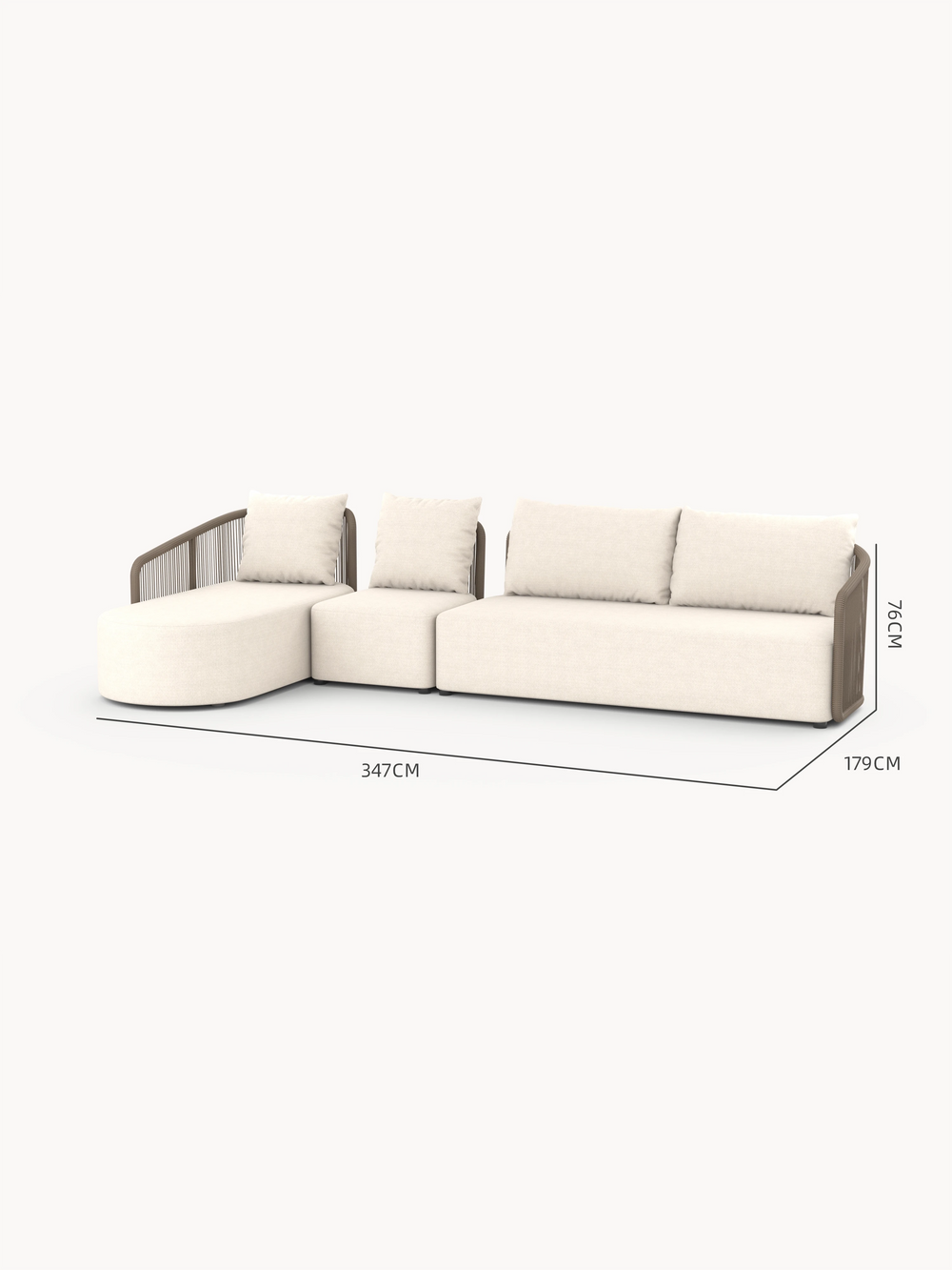 Kapalai Garten Loungesofa Set (5-Sitzer) mit modularer, L-förmiger Anordnung, bestehend aus drei Teilen mit Seildetail. Gesamtbreite 347 cm, Tiefe 179 cm, Höhe 76 cm.