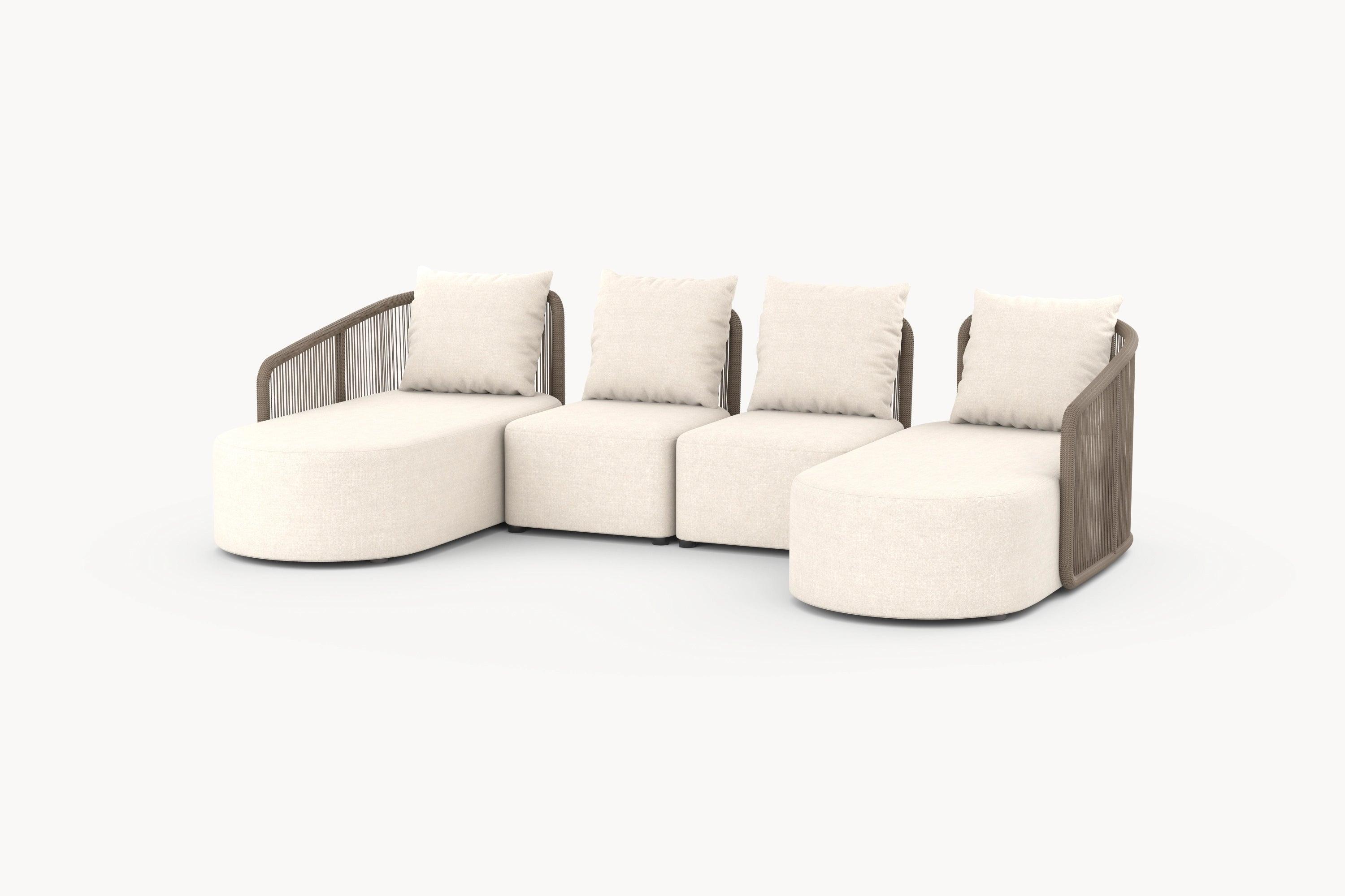 Kapalai Garten Loungesofa Set (6-Sitzer) mit weißen Kissen, zeigt geschwungene Linien und sanft abgerundete Ecken, ideal für stilvolle Entspannung und anpassbare Garten- oder Terrassengestaltung.