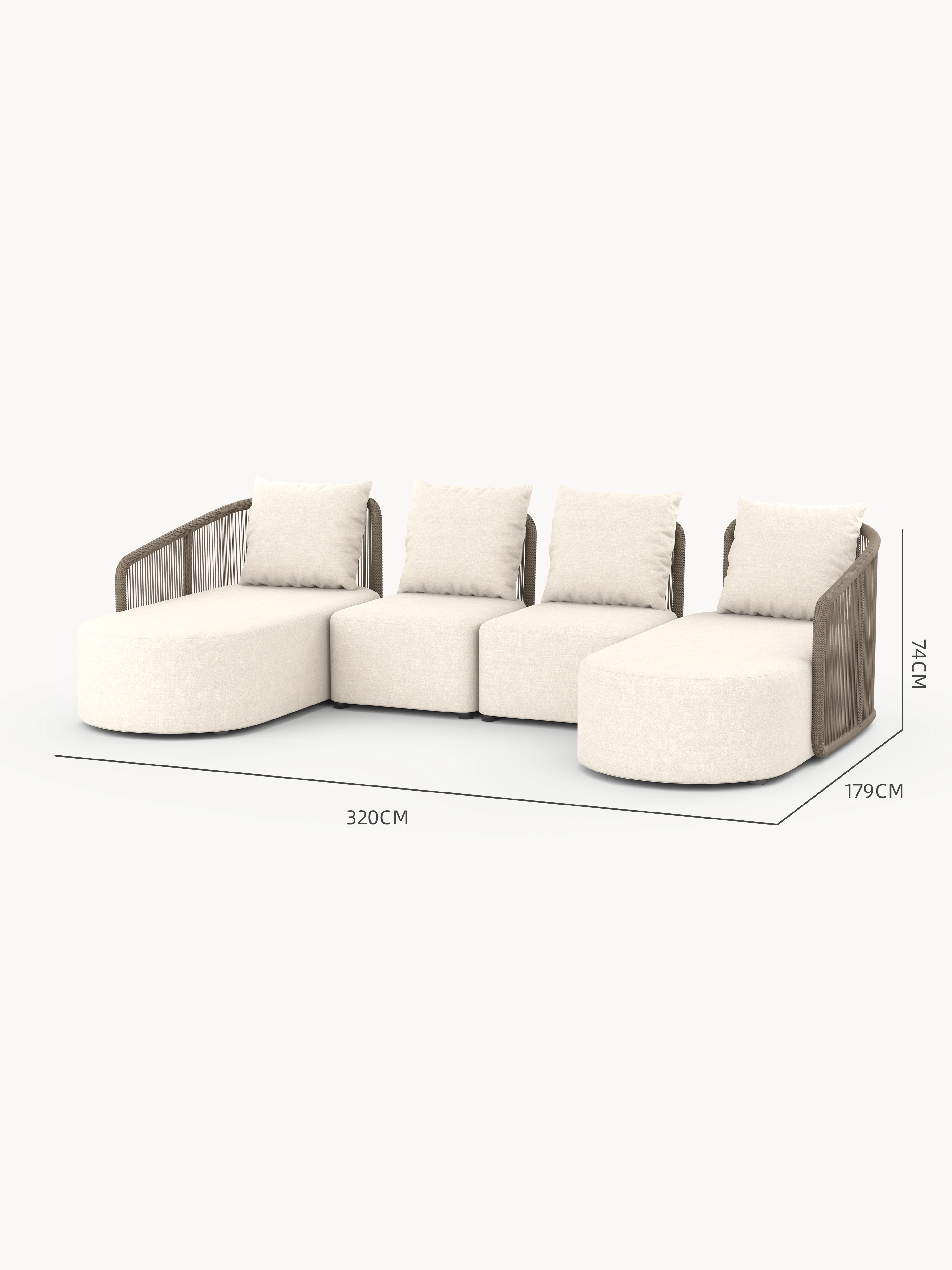 Kapalai Garten Loungesofa Set (6-Sitzer): Ein vierteiliges, modulares Sofa mit gebogenen Chaiselongues und armlosen Würfelsitzen, in elegantem Design mit seilumwickelten Armlehnen, ideal für stilvolle Outdoor-Entspannung.