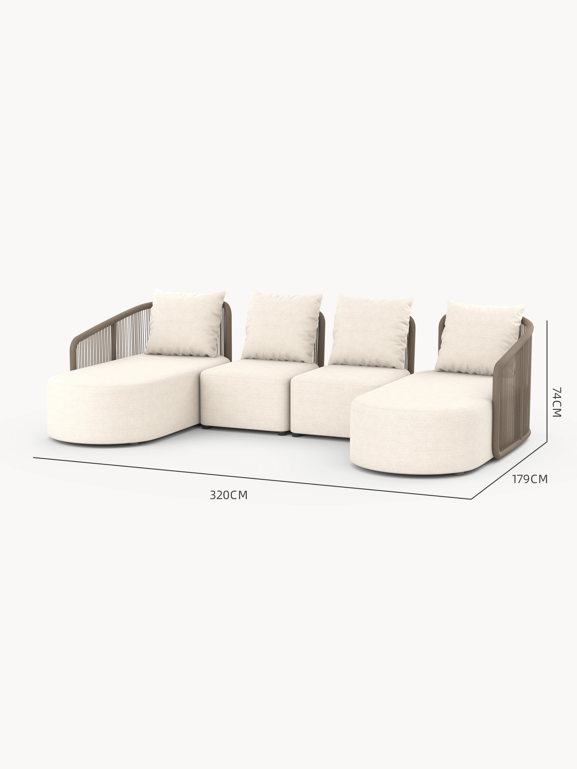Kapalai Garten Loungesofa Set (6-Sitzer): Ein vierteiliges, modulares Sofa mit gebogenen Chaiselongues und armlosen Würfelsitzen, in elegantem Design mit seilumwickelten Armlehnen, ideal für stilvolle Outdoor-Entspannung.
