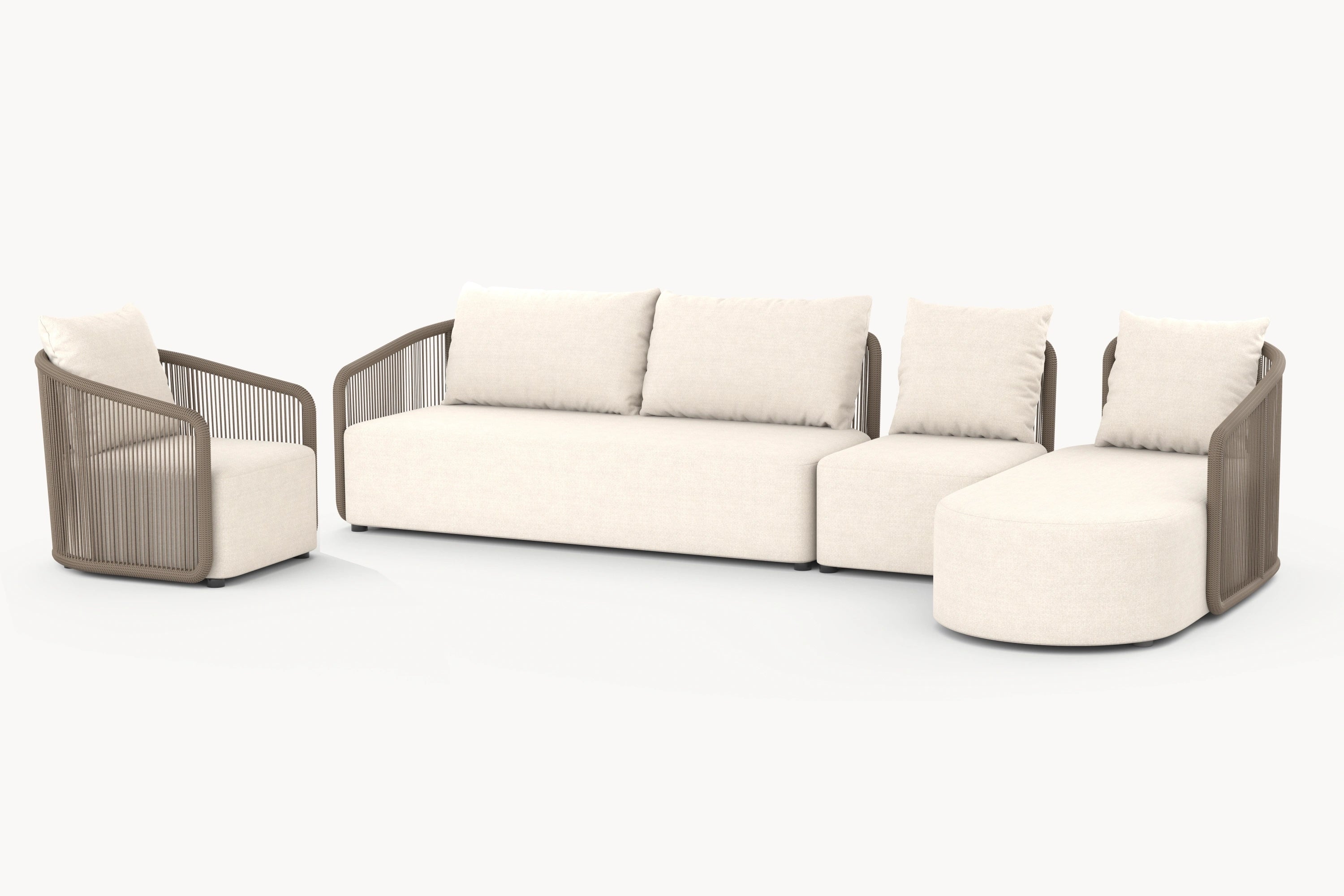 Kapalai Garten Loungesofa Set (6-Sitzer), bestehend aus weißen, modularen Sofaelementen mit weichen Kissen, die eine stilvolle und entspannte Atmosphäre für Ihren Außenbereich schaffen.