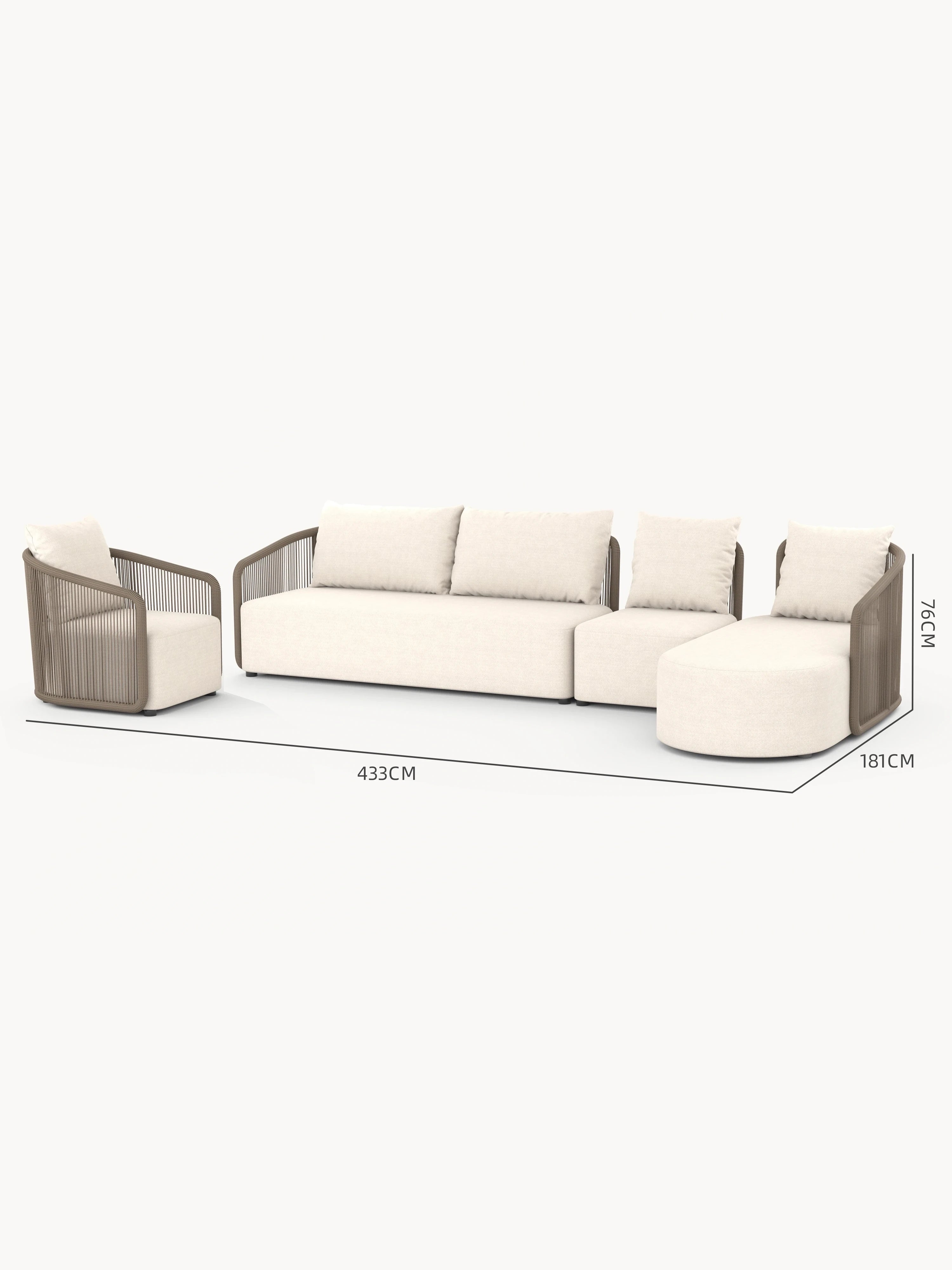 Kapalai Garten Loungesofa Set (6-Sitzer) mit modularen Elementen: Sessel, Dreisitzer, armloser Einzelsitz, und Chaiselongue. Seilumwickelte Rahmen und beige Polster betonen modernes, elegantes Design für flexible Outdoor-Gestaltung.