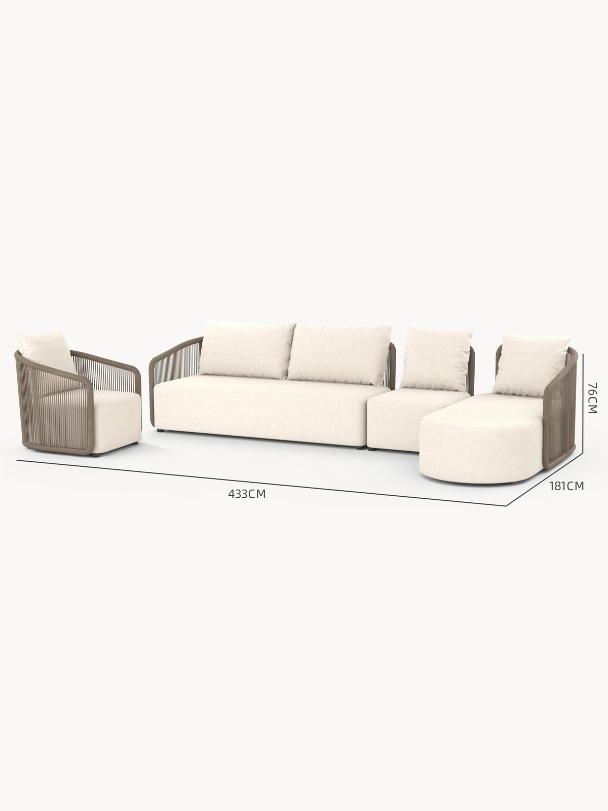 Kapalai Garten Loungesofa Set (6-Sitzer) mit modularen Elementen: Sessel, Dreisitzer, armloser Einzelsitz, und Chaiselongue. Seilumwickelte Rahmen und beige Polster betonen modernes, elegantes Design für flexible Outdoor-Gestaltung.