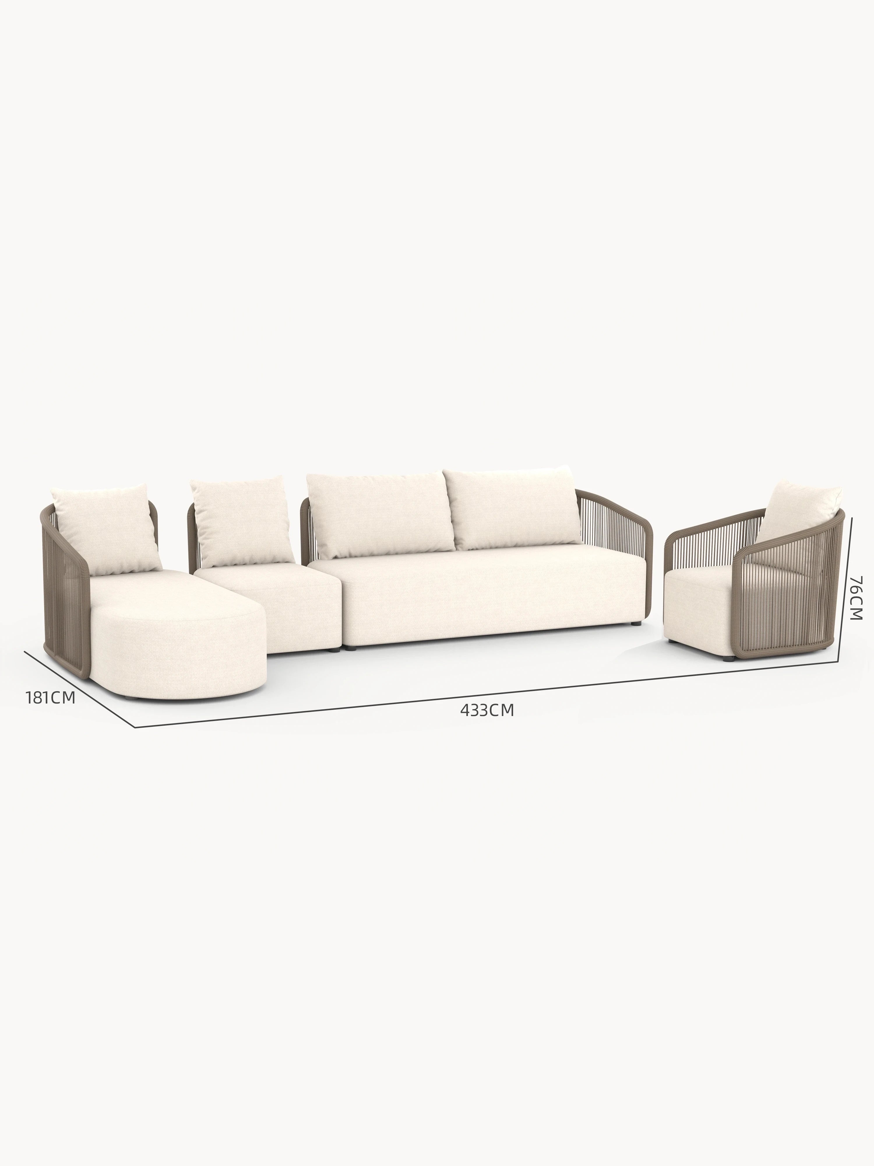 Kapalai Garten Loungesofa Set (6-Sitzer): Modulsofa mit taupefarbenem Seilgeflecht, bestehend aus Chaiselongue, mittlerem Modul, Dreisitzer und separatem Stuhl. Perfekt für stilvolle, flexible Outdoor-Gestaltung.