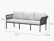 Malaga 2-Sitzer Gartensofa mit einer Armlehne aus pulverbeschichtetem Aluminium und wetterfestem Olefin-Stoff, ausgestattet mit handgefertigten Zugbändern für stilvolle und sichere Terrassenmöbelgestaltung.