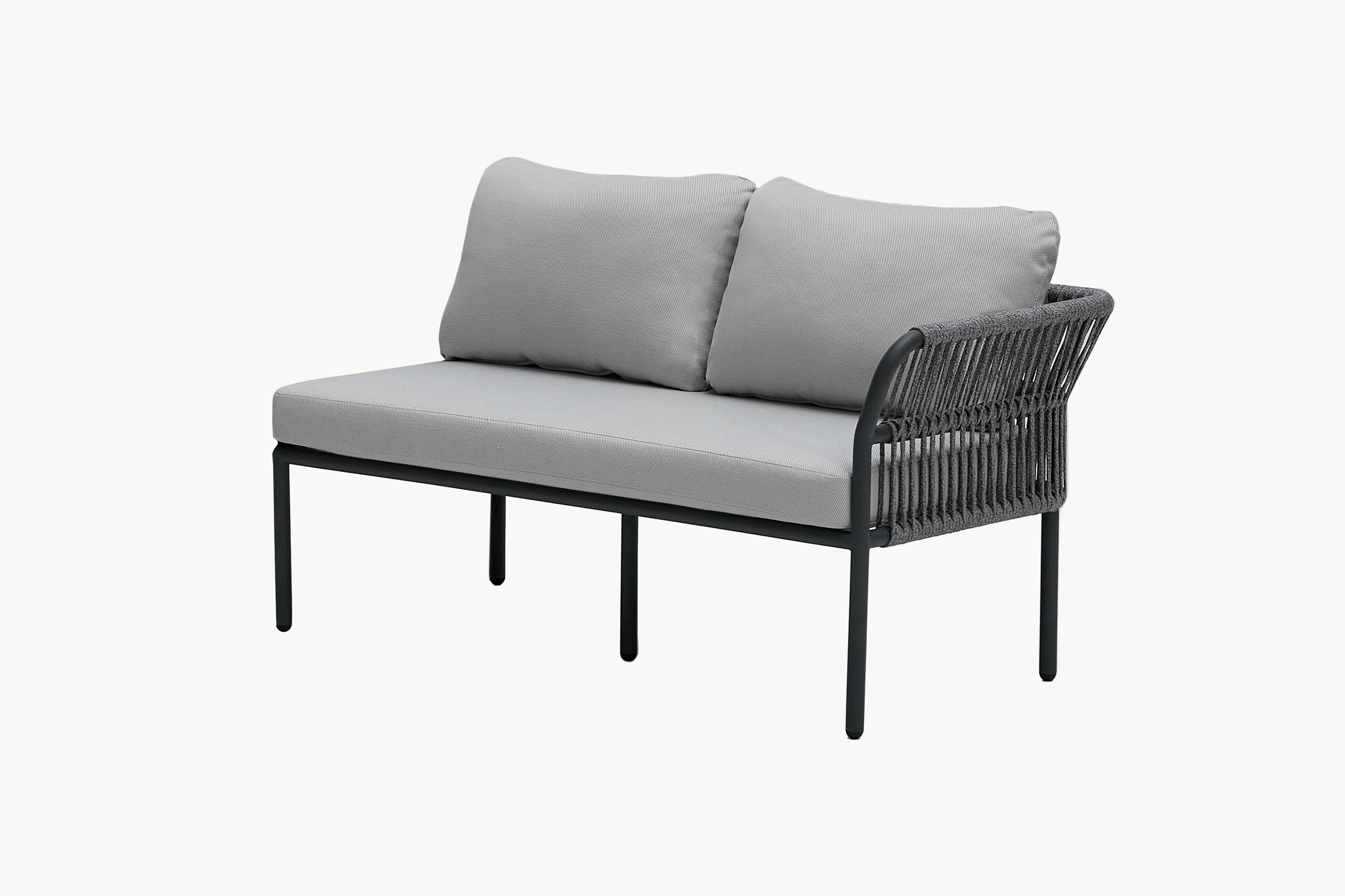 Malaga 2-Sitzer Gartensofa mit einer Armlehne, aus pulverbeschichtetem Aluminium und wetterfestem Olefin-Stoff, kombiniert Zugbänder für flexiblen Stil und Komfort auf der Terrasse.