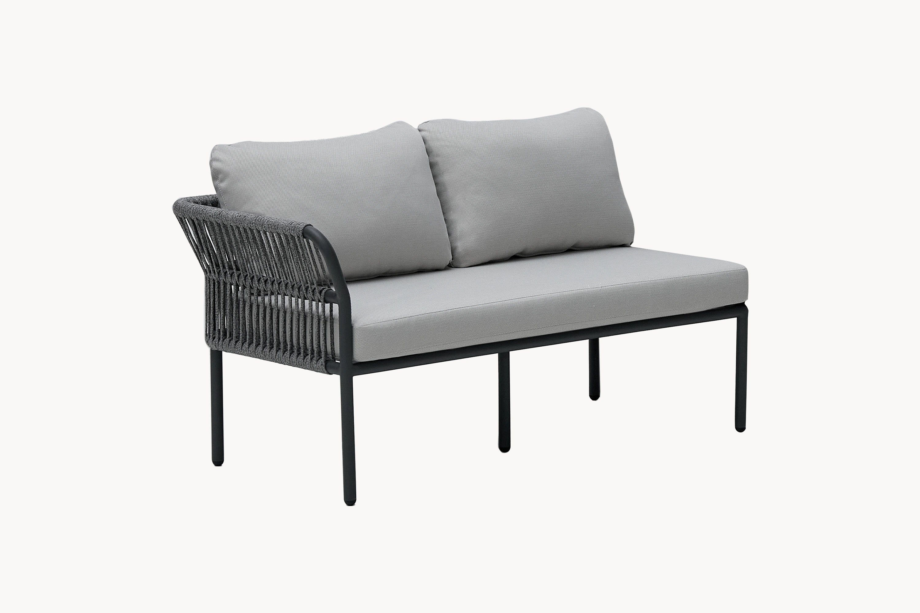 Malaga 2-Sitzer Gartensofa mit einer Armlehne, aus Aluminiumrahmen und wasserfestem Olefin-Stoff, mit handgefertigten Zugbändern, bietet Komfort und modularen Gestaltungsspielraum für Terrassen.