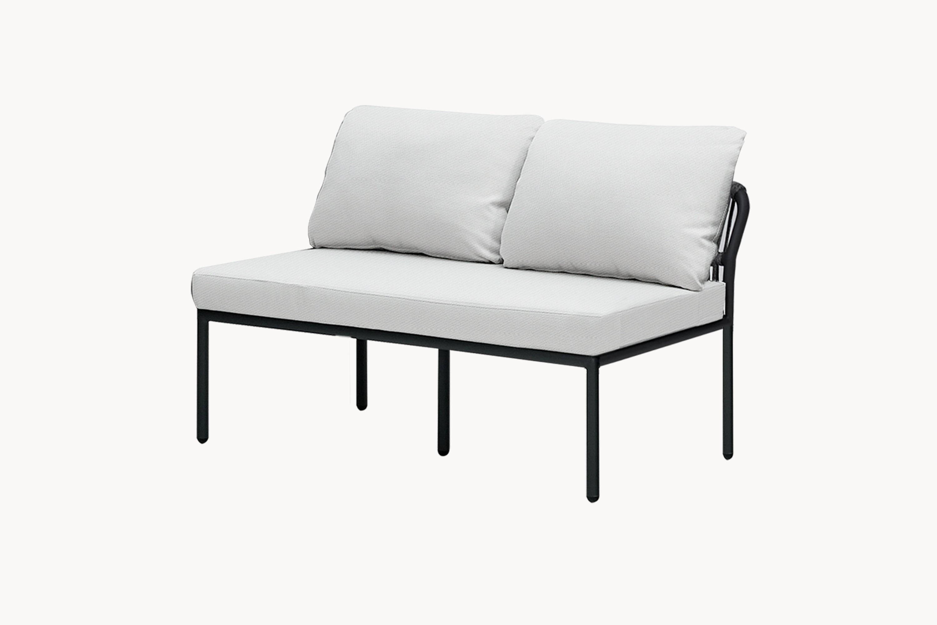 Malaga 2-Sitzer Gartensofa ohne Armlehnen, modular, aus pulverbeschichtetem Aluminium mit wetterfestem Olefin-Stoff und dekorativen Zugbändern, bietet stilvolles, komfortables Sitzen für Terrassen, passend für flexible Outdoor-Gestaltungen.