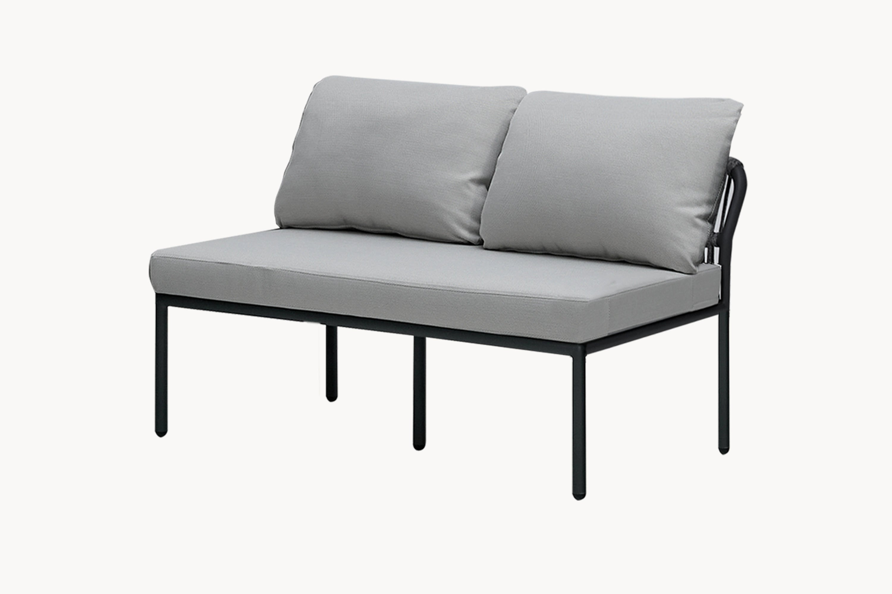 Malaga 2-Sitzer Gartensofa ohne Armlehnen aus Aluminium und wetterfesten Stoffen, präsentiert sich modular und elegant, ideal für flexible Terrassengestaltung, mit handgefertigten Zugbändern für Komfort und Stil.