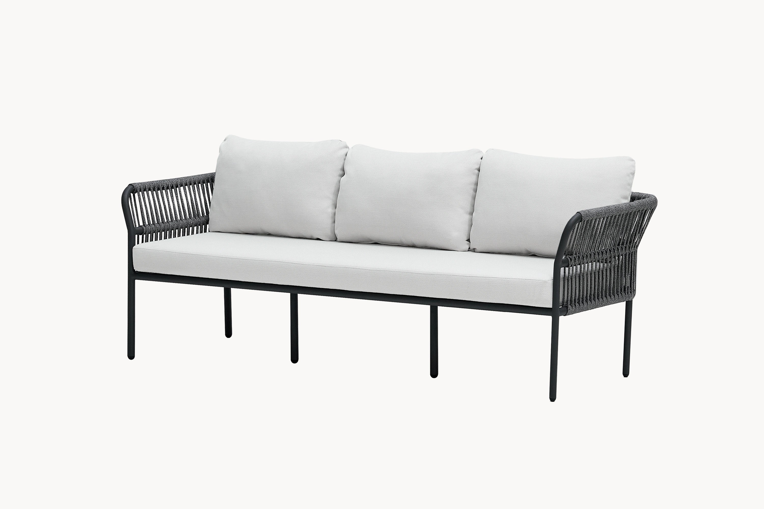 Malaga 3-Sitzer Gartensofa mit zwei Armlehnen, modular und wetterfest, mit abgerundeten Armlehnen und Zugbändern für Komfort und Sicherheit, perfektes Design für flexible Terrassengestaltung.