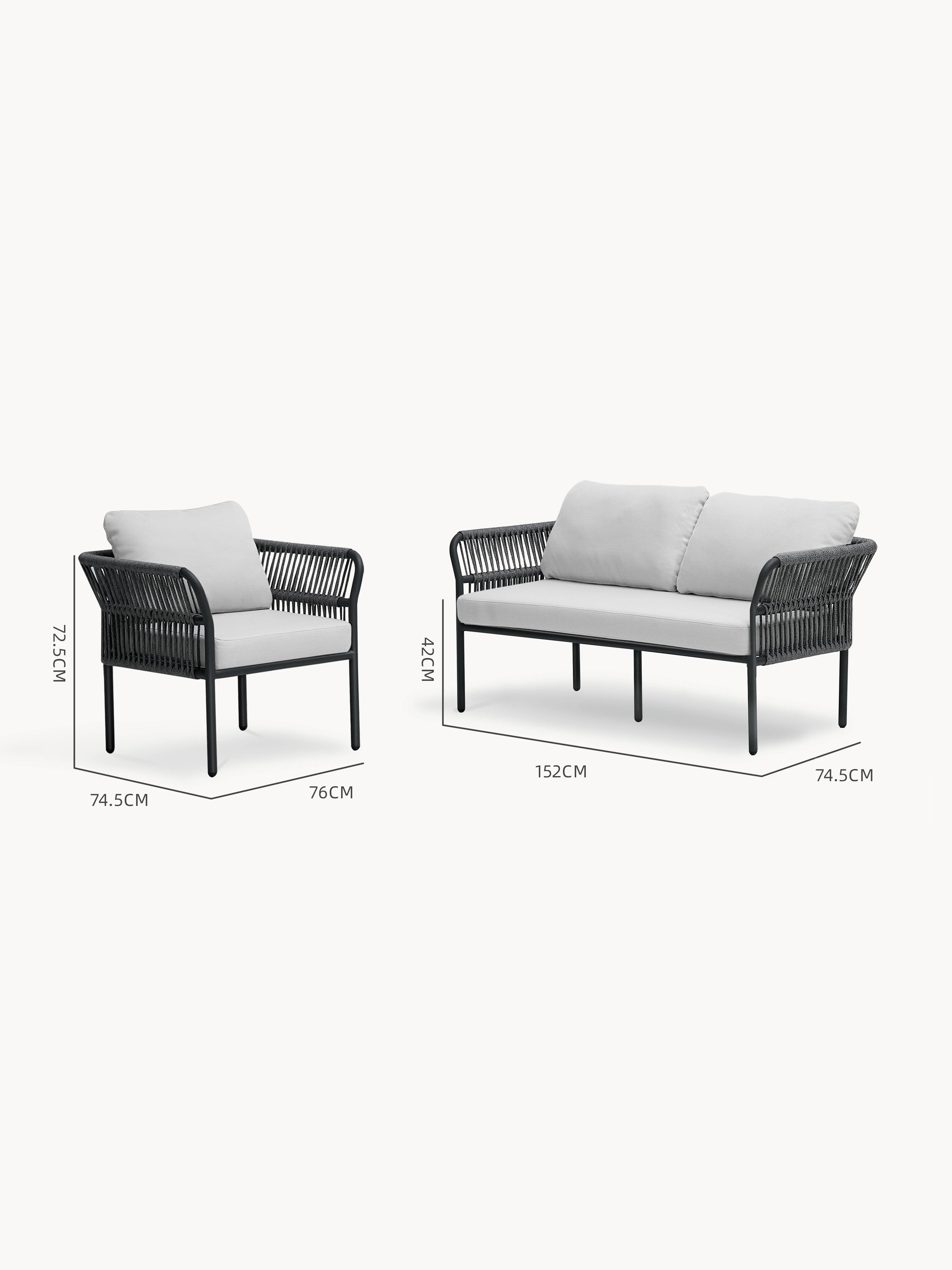 Malaga Garten Ecklounge Set: Links ein Sessel, rechts ein Zweisitzer, beide mit schwarzem Metallrahmen, grauen Kissen und geflochtenem Seildesign, ideal für flexible Terrassengestaltungen.