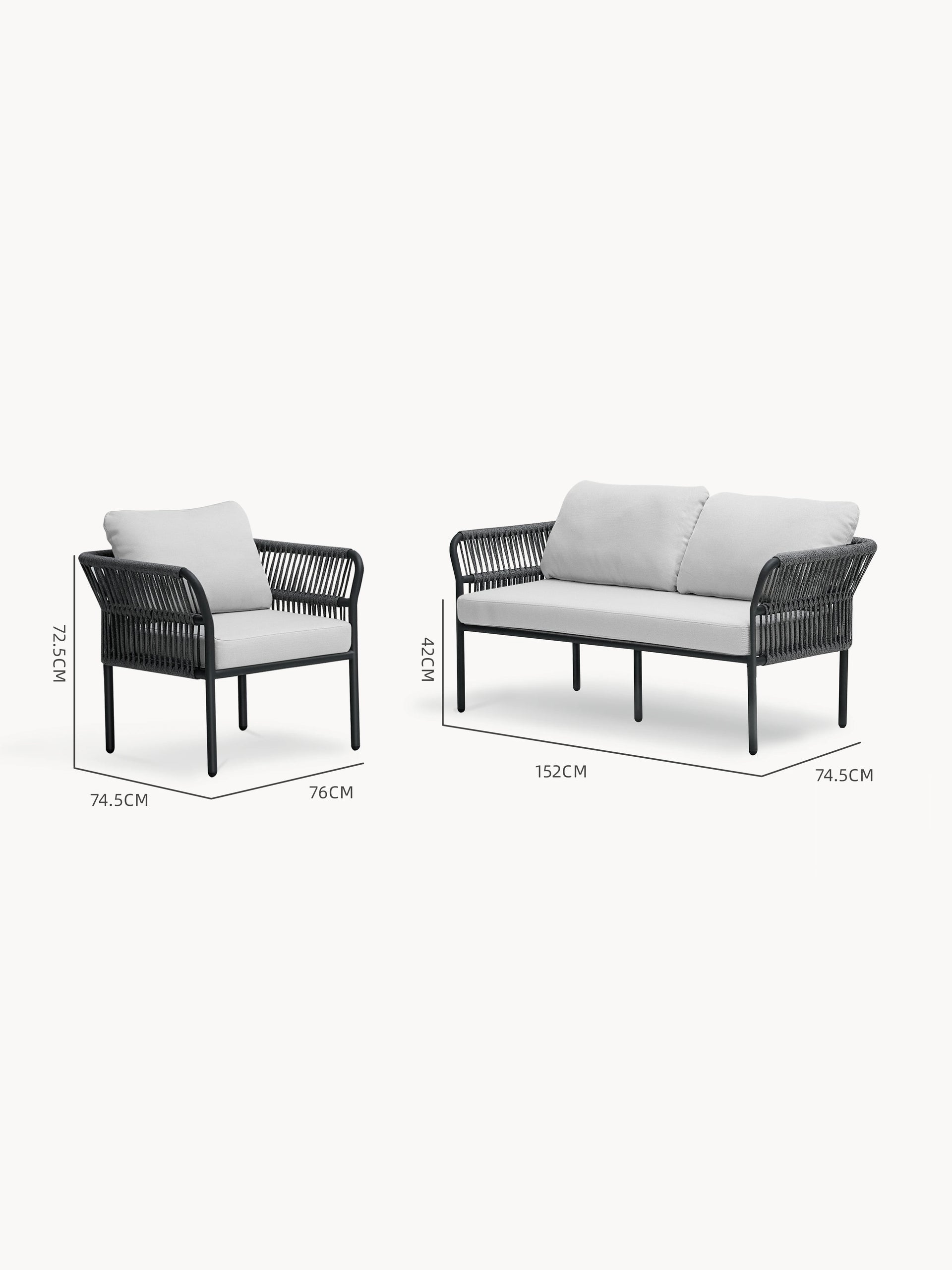 Malaga Garten Ecklounge Set: Links ein Sessel, rechts ein Zweisitzer, beide mit schwarzem Metallrahmen, grauen Kissen und geflochtenem Seildesign, ideal für flexible Terrassengestaltungen.