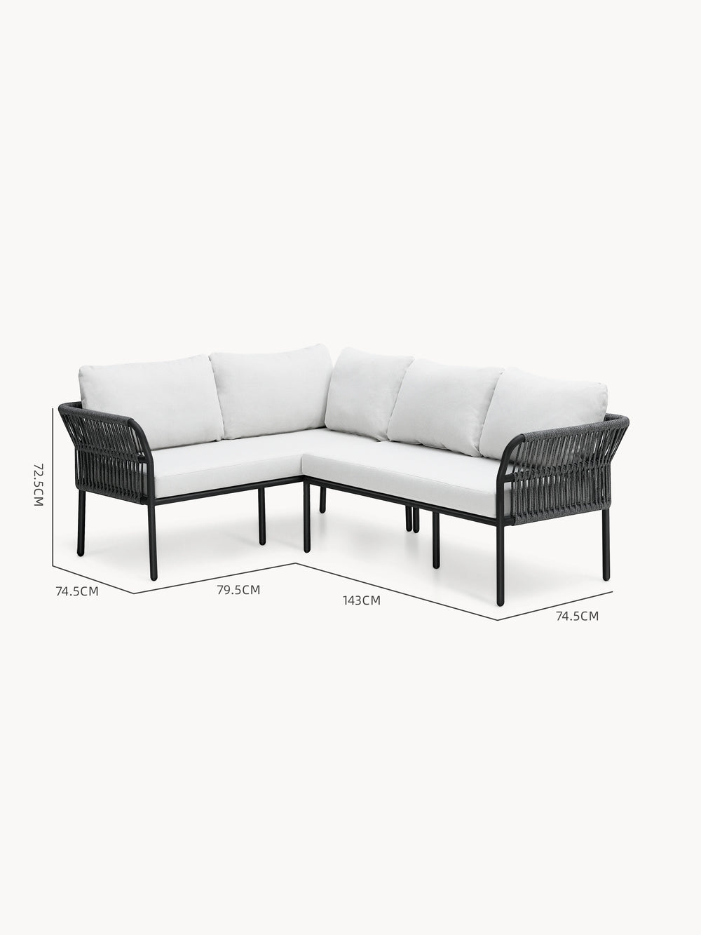 Malaga Garten Ecklounge Set (4-Sitzer) mit schwarzem Metallrahmen und handgefertigten Zugband-Paneelen, weißen Polstern, modularem L-förmigem Design; Maße: 72,5 cm hoch, 143 cm lang, 79,5 cm breit.