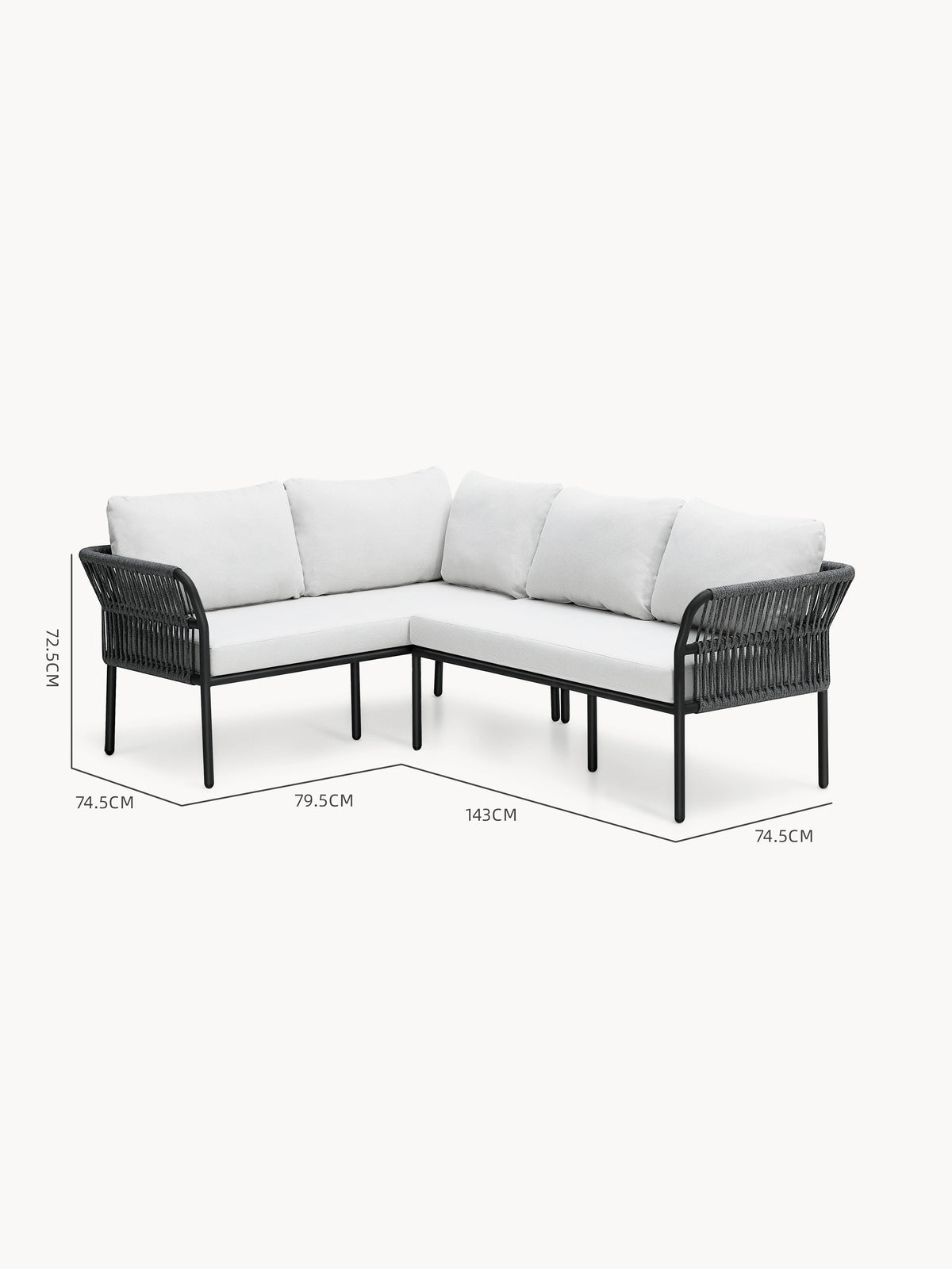 Malaga Garten Ecklounge Set (4-Sitzer) mit schwarzem Metallrahmen und handgefertigten Zugband-Paneelen, weißen Polstern, modularem L-förmigem Design; Maße: 72,5 cm hoch, 143 cm lang, 79,5 cm breit.