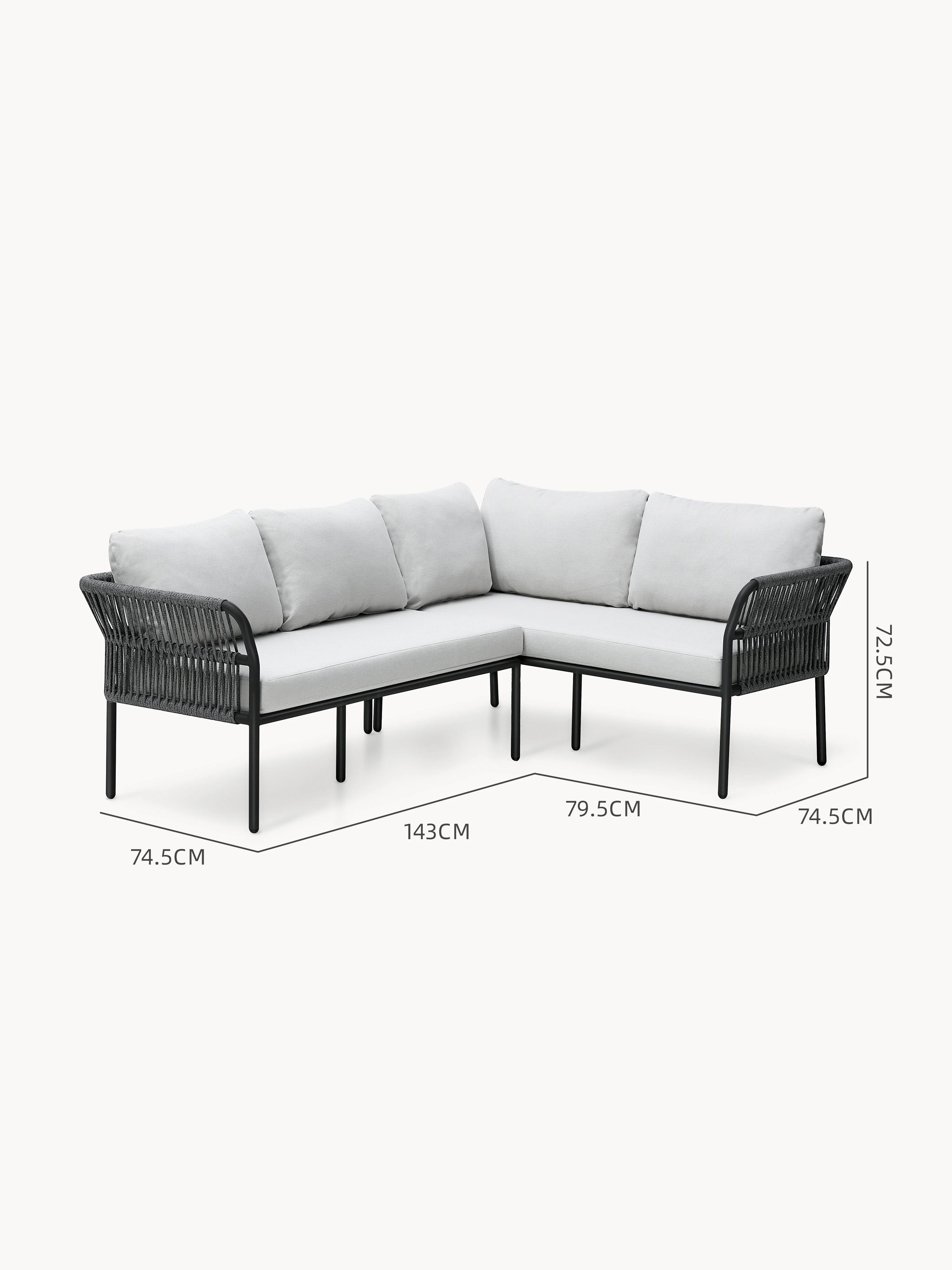 Malaga Garten Ecklounge Set (4-Sitzer) mit hellgrauen Kissen, schwarzem Metallrahmen und dunkel geflochtenen Seilakzenten; ideales modulares Möbelstück für Terrassen, bietet Stil und Komfort von Finqa.