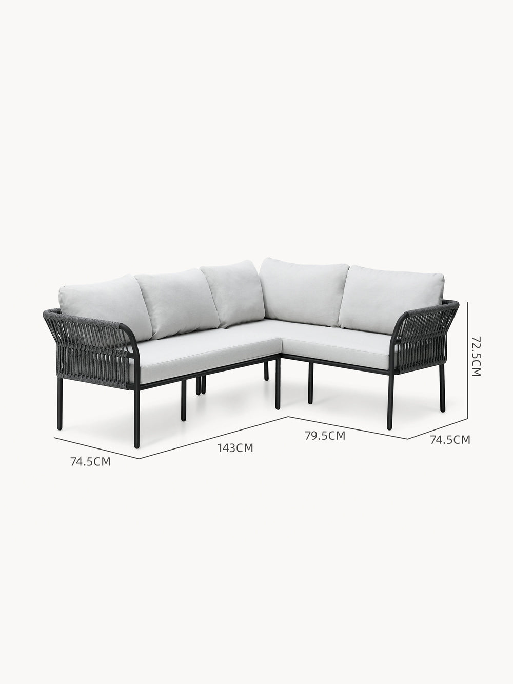 Malaga Garten Ecklounge Set (4-Sitzer) mit hellgrauen Kissen, schwarzem Metallrahmen und dunkel geflochtenen Seilakzenten; ideales modulares Möbelstück für Terrassen, bietet Stil und Komfort von Finqa.