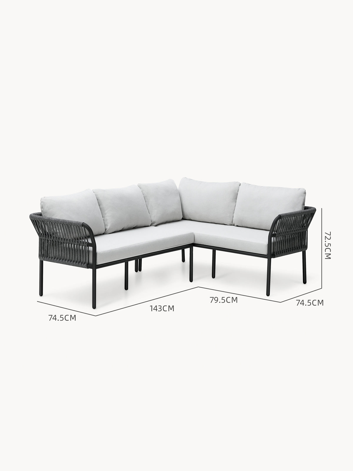 Malaga Garten Ecklounge Set (4-Sitzer) mit hellgrauen Kissen, schwarzem Metallrahmen und dunkel geflochtenen Seilakzenten; ideales modulares Möbelstück für Terrassen, bietet Stil und Komfort von Finqa.