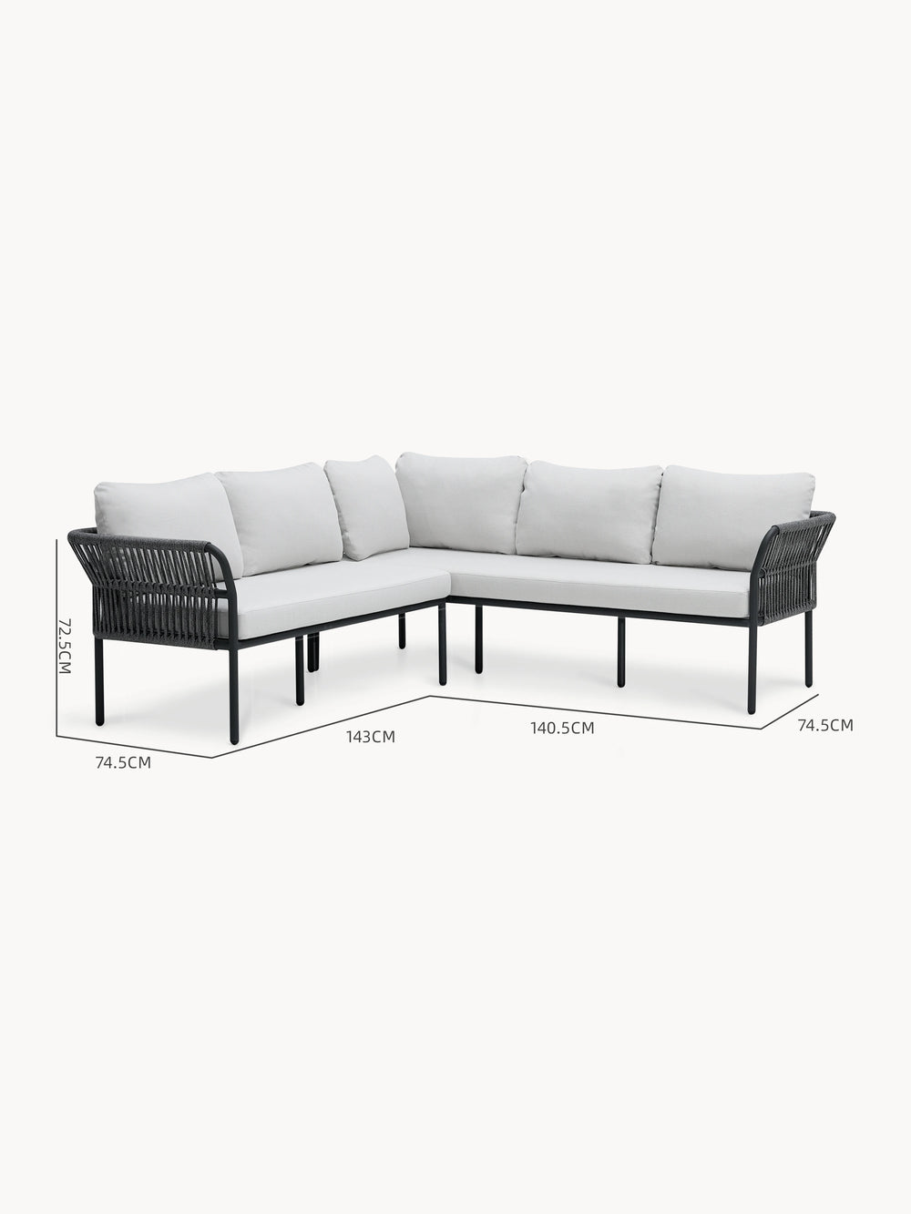 Malaga Garten Ecklounge Set (5-Sitzer) mit L-förmigem Design, schlankem Metallrahmen und gewebten Seilseiten, ausgestattet mit hellgrauen Polstern. Ideal für stilvolle, modulare Terrassengestaltung.