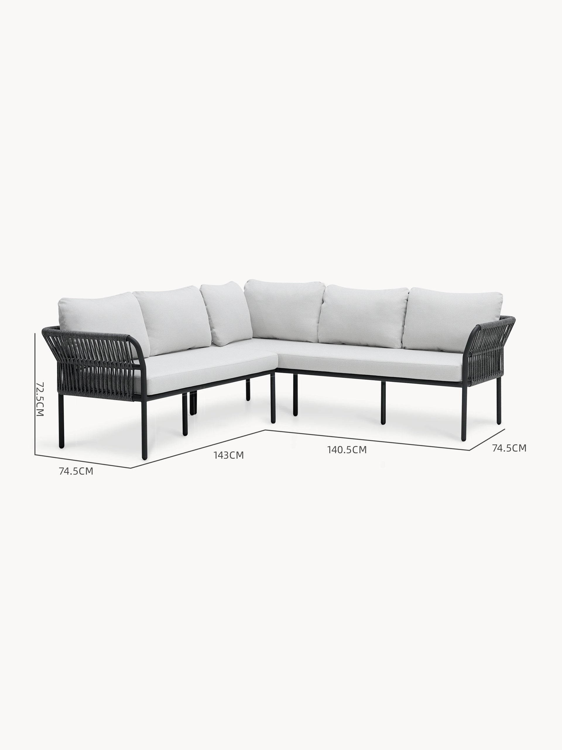 Malaga Garten Ecklounge Set (5-Sitzer) mit L-förmigem Design, schlankem Metallrahmen und gewebten Seilseiten, ausgestattet mit hellgrauen Polstern. Ideal für stilvolle, modulare Terrassengestaltung.