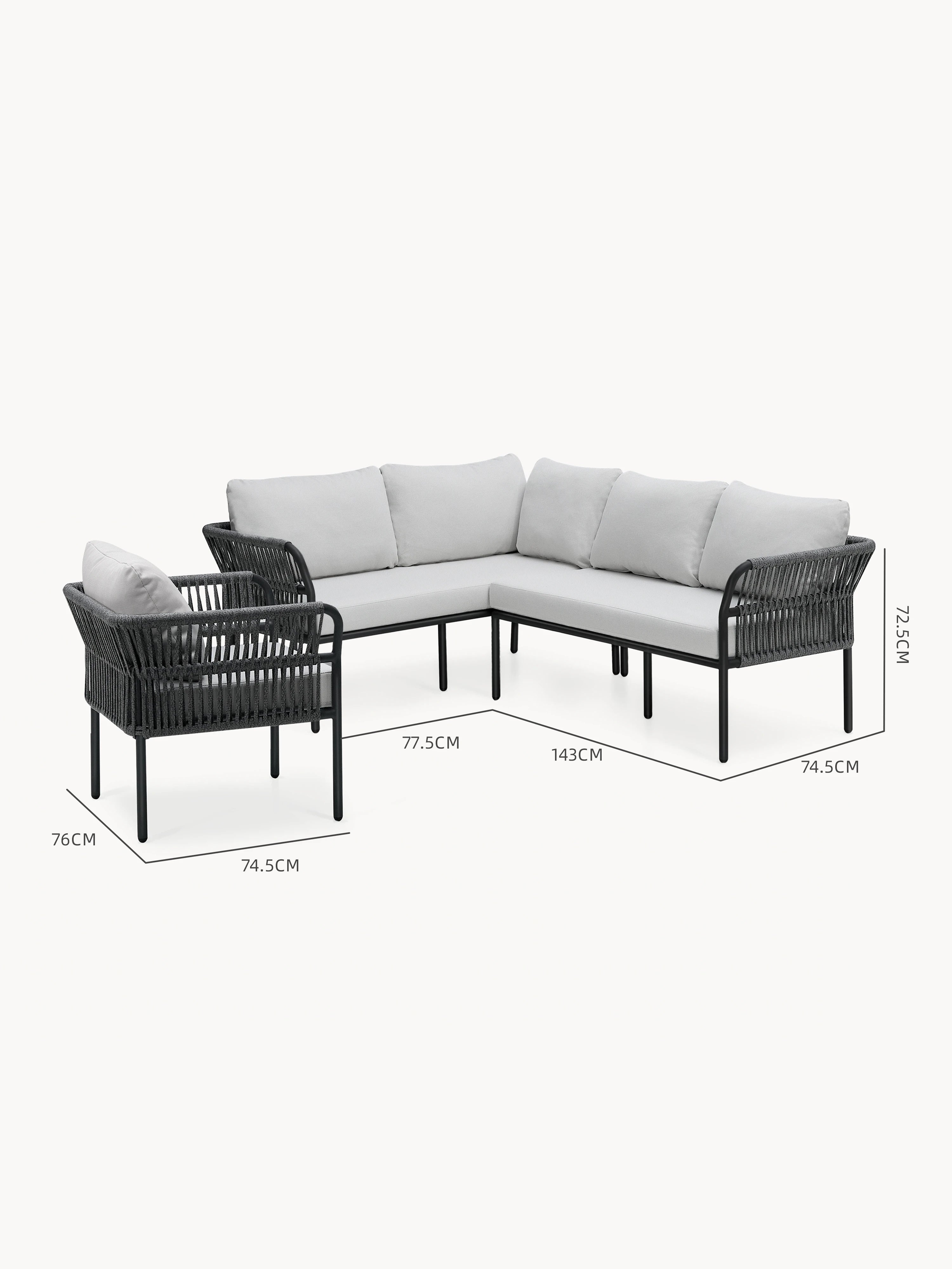 Malaga Garten Ecklounge Set (5-Sitzer) in L-Form mit schwarzem Metallrahmen und geflochtenen Seiten, hellgrauen Polstern, geeignet für drinnen und draußen, inklusive passendem Sessel.