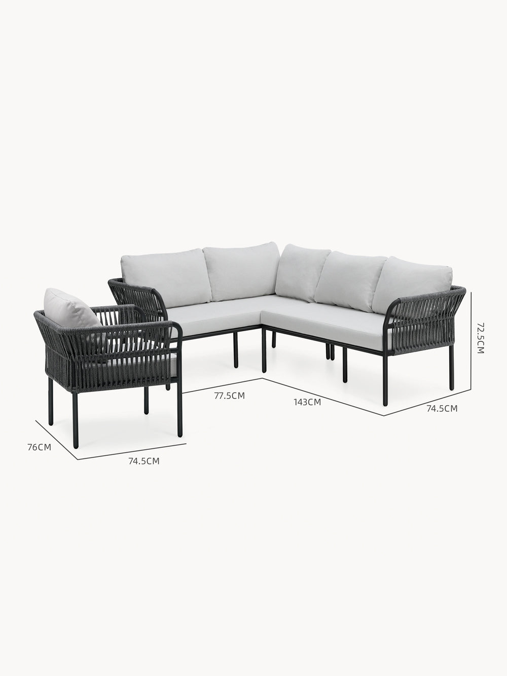 Malaga Garten Ecklounge Set (5-Sitzer) in L-Form mit schwarzem Metallrahmen und geflochtenen Seiten, hellgrauen Polstern, geeignet für drinnen und draußen, inklusive passendem Sessel.