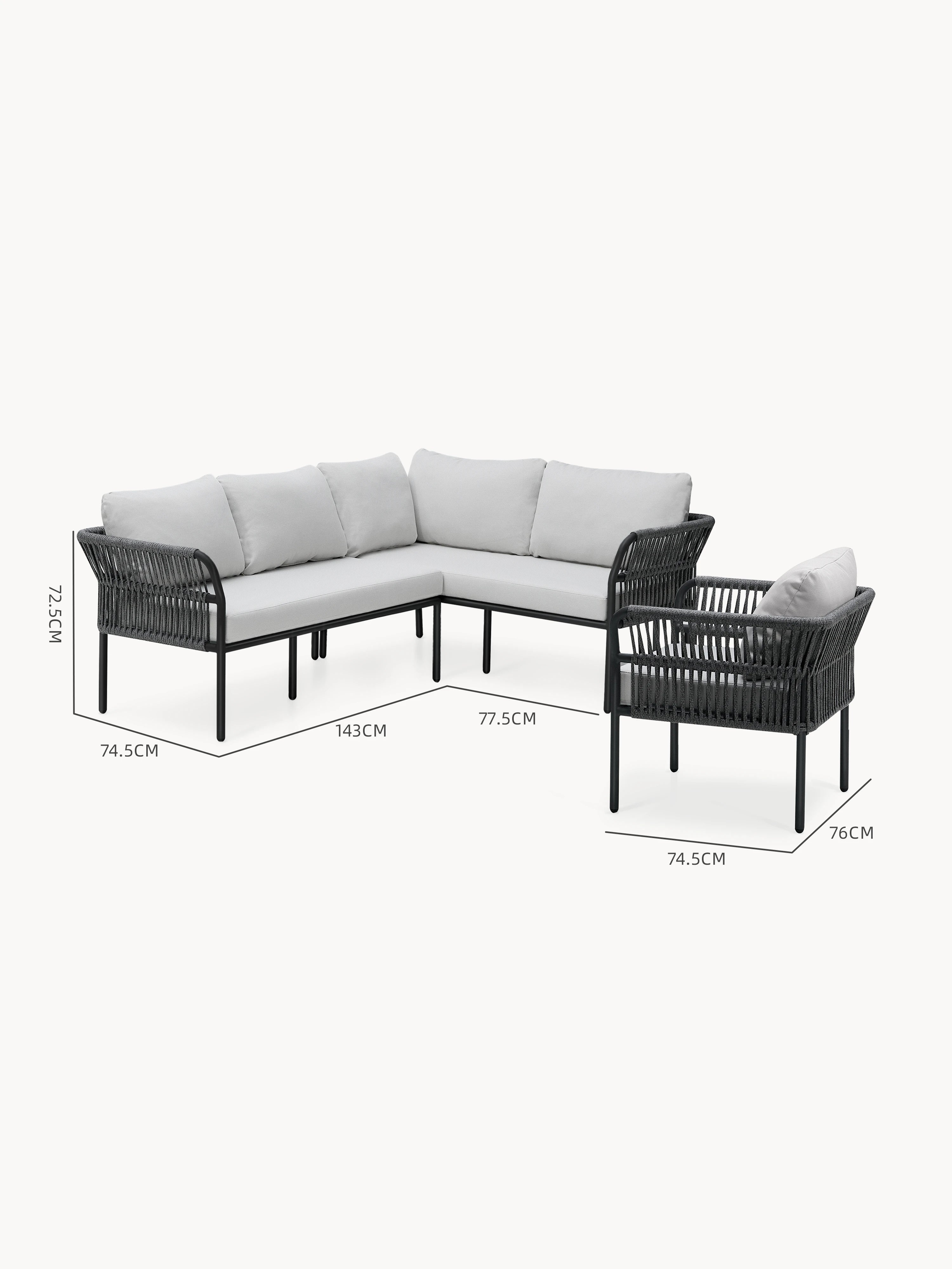 Malaga Garten Ecklounge Set (5-Sitzer) mit L-förmigem Sofa und Einzel-Lounge-Sessel, beide mit hellgrauen Kissen und einem schwarzen Metall-/Seilrahmen, ideal für stilvolle, wetterfeste Terrassengestaltung.