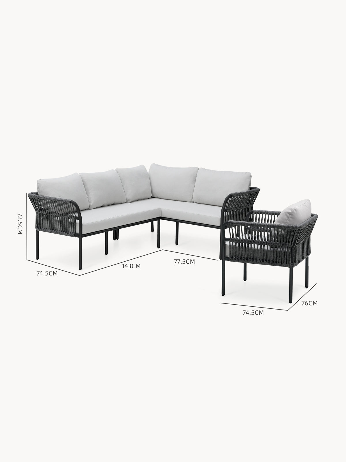 Malaga Garten Ecklounge Set (5-Sitzer) mit L-förmigem Sofa und Einzel-Lounge-Sessel, beide mit hellgrauen Kissen und einem schwarzen Metall-/Seilrahmen, ideal für stilvolle, wetterfeste Terrassengestaltung.