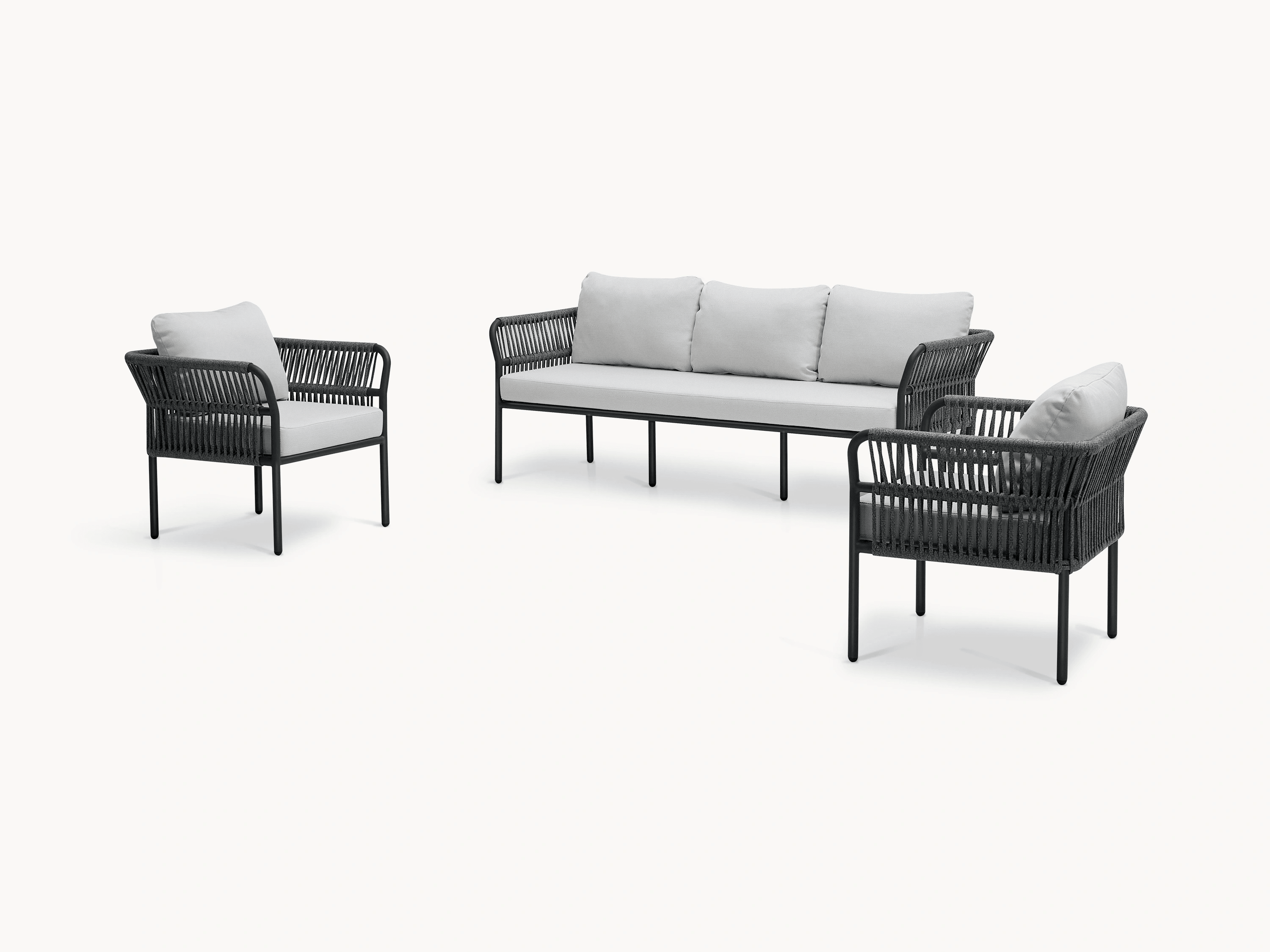 Malaga Garten Ecklounge Set (5-Sitzer) mit weißen Sitzkissen und schwarzem Aluminiumrahmen; modulares Design mit wetterfestem Olefin-Stoff, ideal für flexible Terrassengestaltung und langlebigen Outdoor-Komfort.