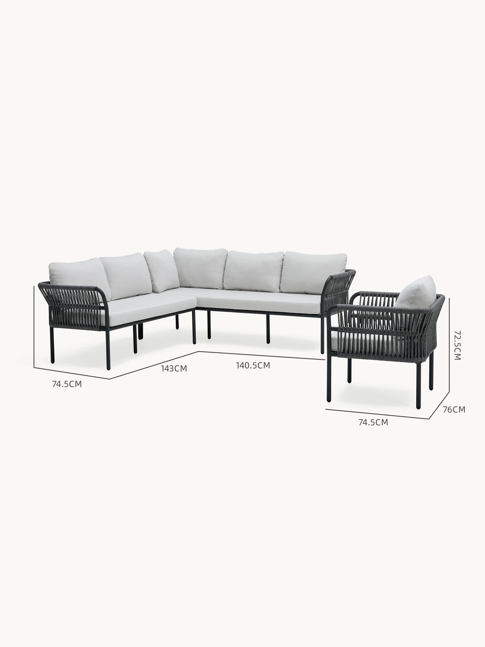 Malaga Garten Ecklounge Set (6-Sitzer) mit L-förmigem Design: linke und rechte Sitzbank, passender Sessel, pulverbeschichteter Metallrahmen, graue Kissen, gewebte Seilseiten, ideal für stilvolle, komfortable Terrassengestaltung.