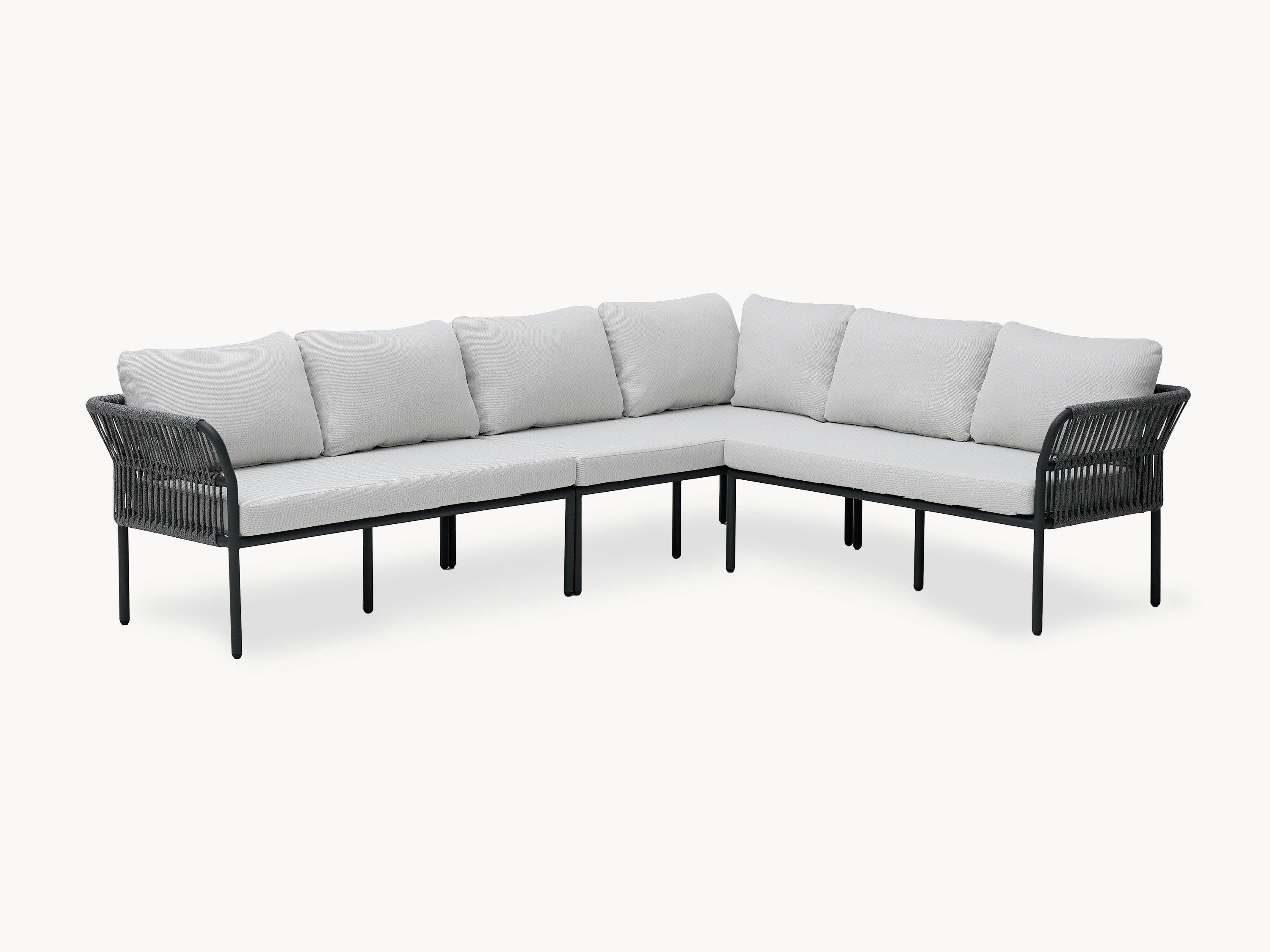 Malaga Garten Ecklounge Set (6-Sitzer) aus pulverbeschichtetem Aluminium und Olefin-Stoff, mit handgefertigten Zugbändern. Perfekte Wahl für stilvolle, wetterfeste Terrassenmöblierung.