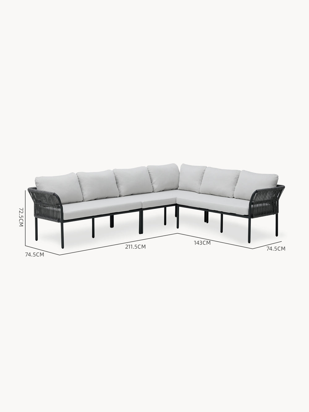 Malaga Garten Ecklounge Set (6-Sitzer) mit L-Form, schwarzem Metallrahmen, schwarzen Seilarmlehnen und hellgrauen Kissen. Modular und robust, ideal für stilvolle Terrassengestaltung von Finqa GmbH.