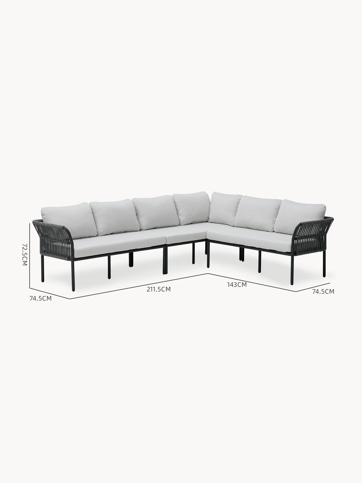Malaga Garten Ecklounge Set (6-Sitzer) mit L-Form, schwarzem Metallrahmen, schwarzen Seilarmlehnen und hellgrauen Kissen. Modular und robust, ideal für stilvolle Terrassengestaltung von Finqa GmbH.
