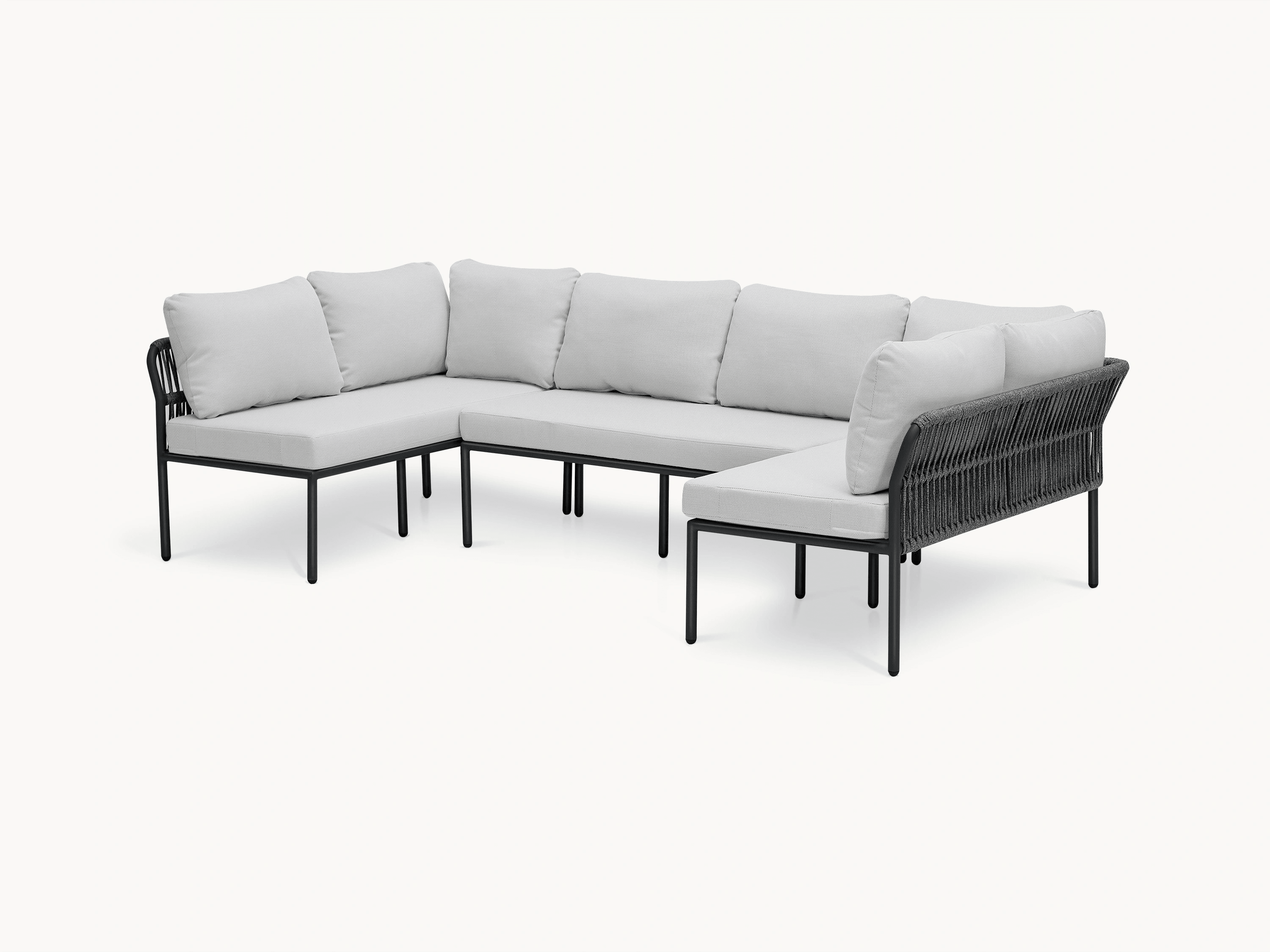 Malaga Garten Ecklounge Set (6-Sitzer) mit weißen Kissen auf einem robusten, pulverbeschichteten Aluminiumrahmen. Perfekte modulare Kombination für stilvolle, wetterfeste Terrassengestaltung, ideal für Flexibilität und Komfort.