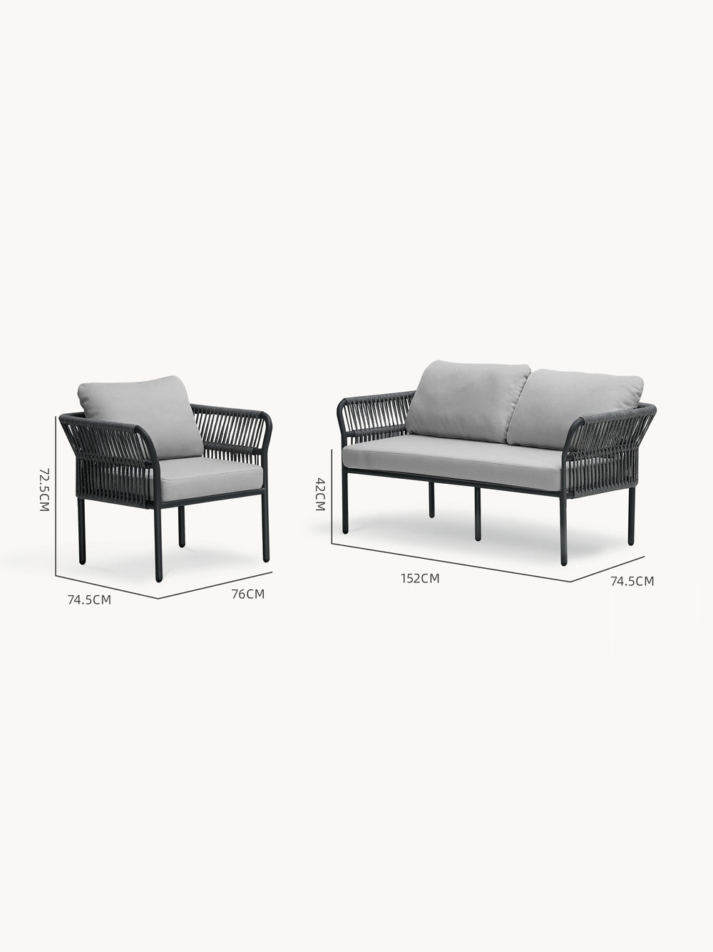 Malaga Garten Ecklounge Set (3-Sitzer) mit schwarzem Metallrahmen und geflochtenem Seildesign. Enthält einen Einzelsessel und ein Zweisitzer-Sofa, beide mit hellgrauen Polstern. Maße: Sessel 72,5x74,5x76 cm; Sofa 152x74,5 cm.
