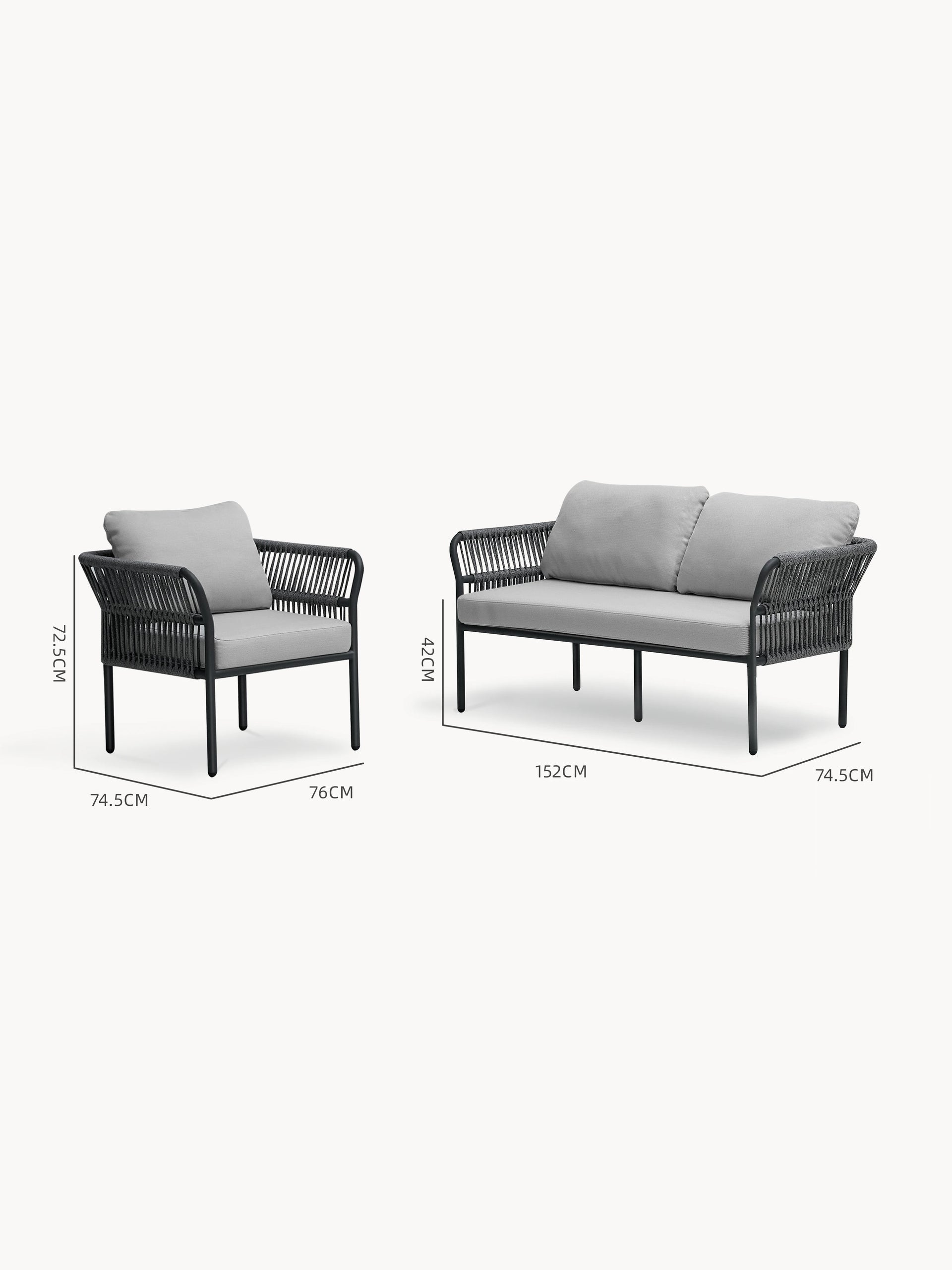 Malaga Garten Ecklounge Set (3-Sitzer) mit schwarzem Metallrahmen und geflochtenem Seildesign. Enthält einen Einzelsessel und ein Zweisitzer-Sofa, beide mit hellgrauen Polstern. Maße: Sessel 72,5x74,5x76 cm; Sofa 152x74,5 cm.