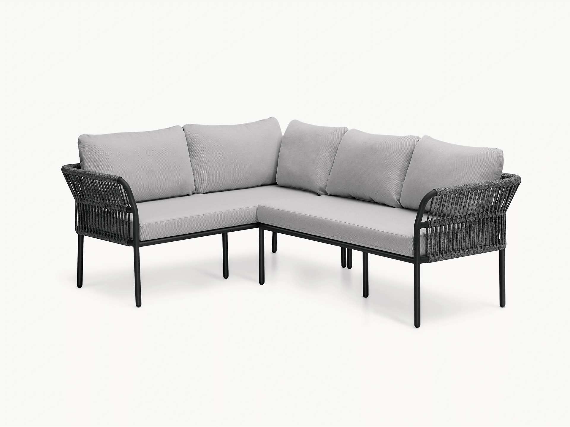 Malaga Garten Ecklounge Set (4-Sitzer) mit modularen, wetterfesten Aluminiumrahmen und Olefin-Stoffkissen. Handgefertigte Zugbänder für stilvollen Komfort, ideal für flexible Terrassengestaltung.