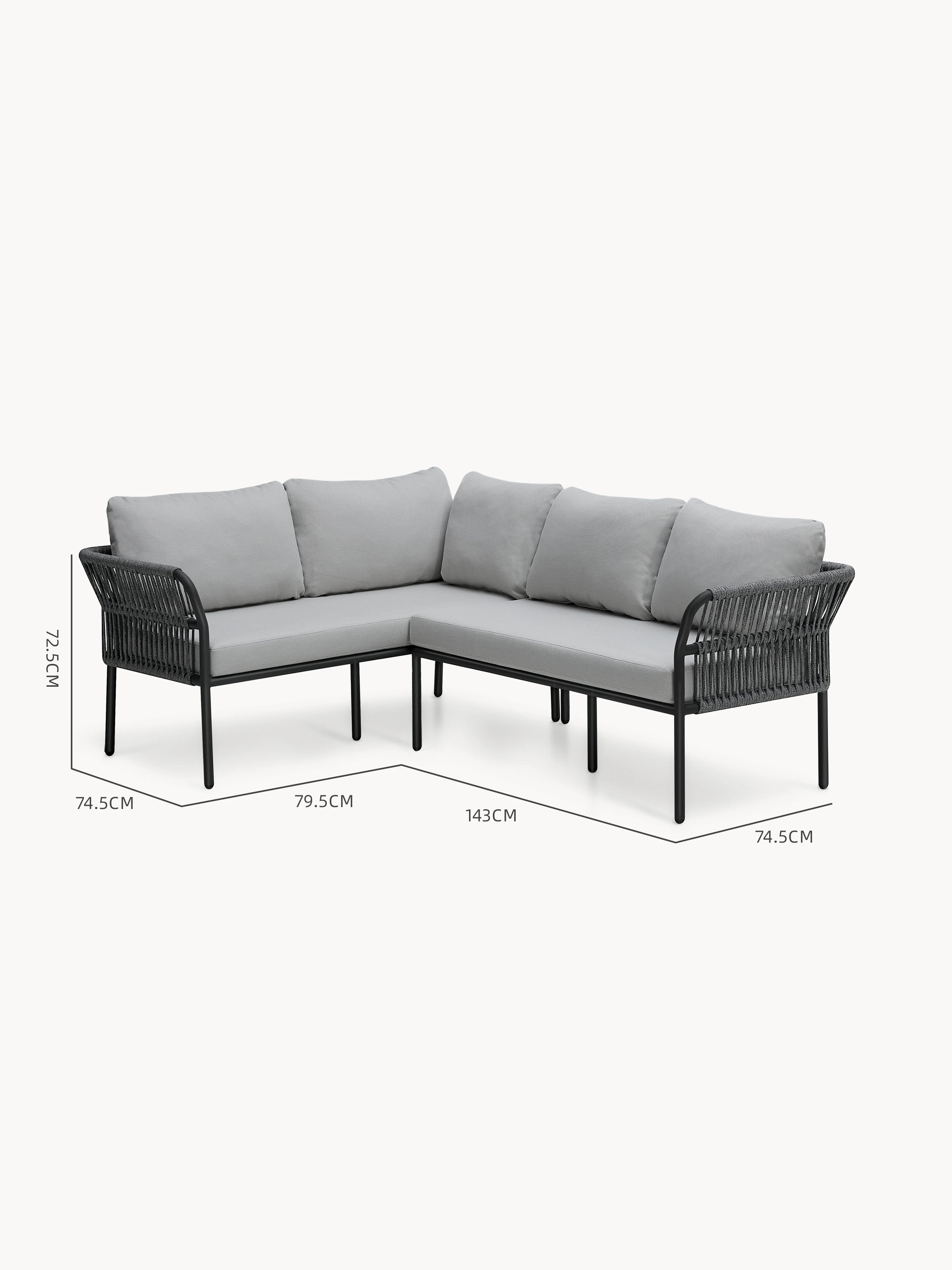 Malaga Garten Ecklounge Set (4-Sitzer) mit schwarzem Metallrahmen und Seilarmlehnen, gepolstert in hellgrauen Kissen. Das modulare Design bietet flexible Gestaltungsmöglichkeiten für Terrassen oder Balkone.