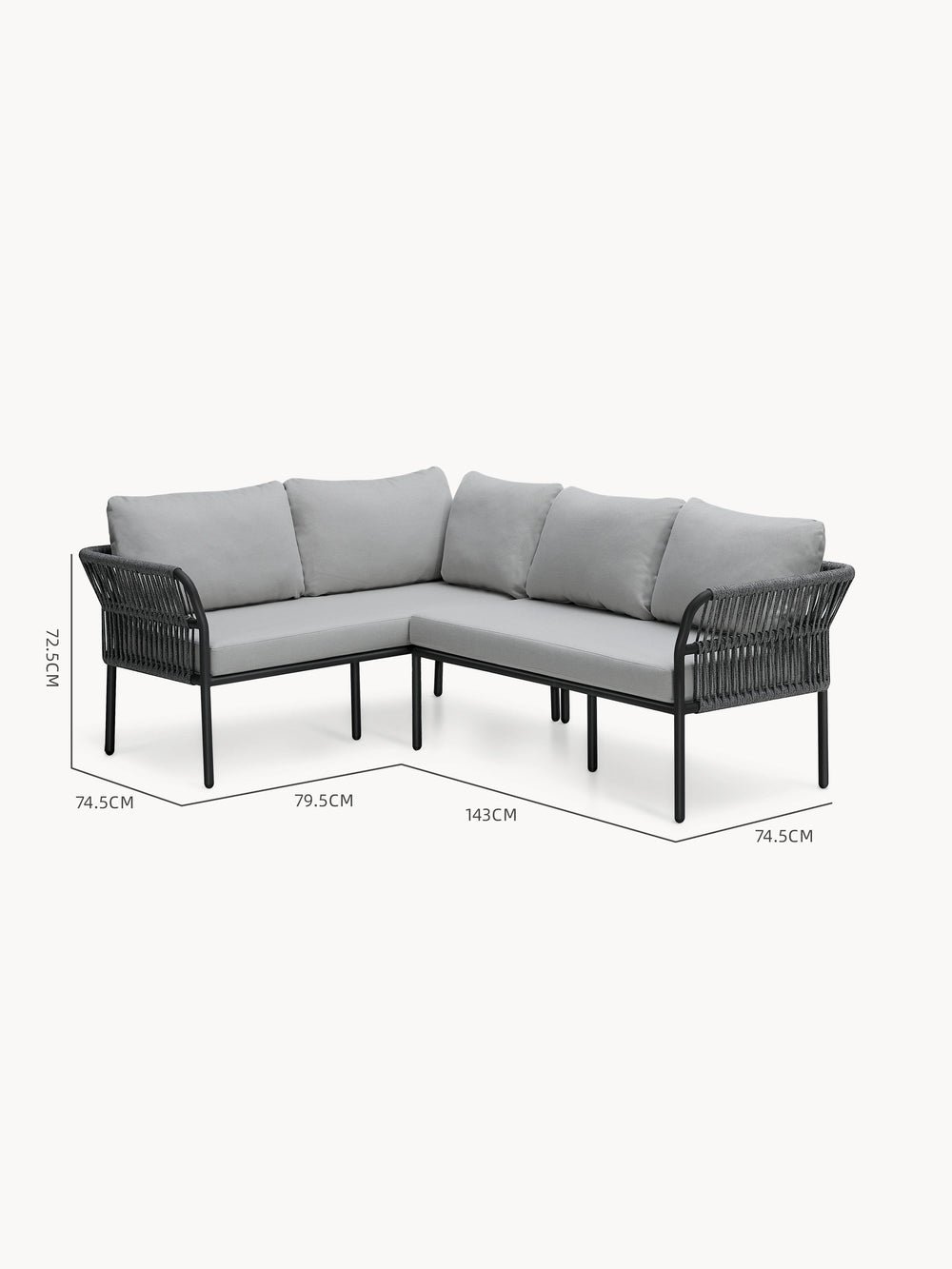 Malaga Garten Ecklounge Set (4-Sitzer) mit schwarzem Metallrahmen und Seilarmlehnen, gepolstert in hellgrauen Kissen. Das modulare Design bietet flexible Gestaltungsmöglichkeiten für Terrassen oder Balkone.