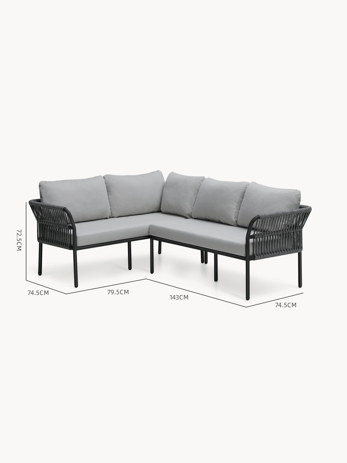 Malaga Garten Ecklounge Set (4-Sitzer) mit schwarzem Metallrahmen und Seilarmlehnen, gepolstert in hellgrauen Kissen. Das modulare Design bietet flexible Gestaltungsmöglichkeiten für Terrassen oder Balkone.