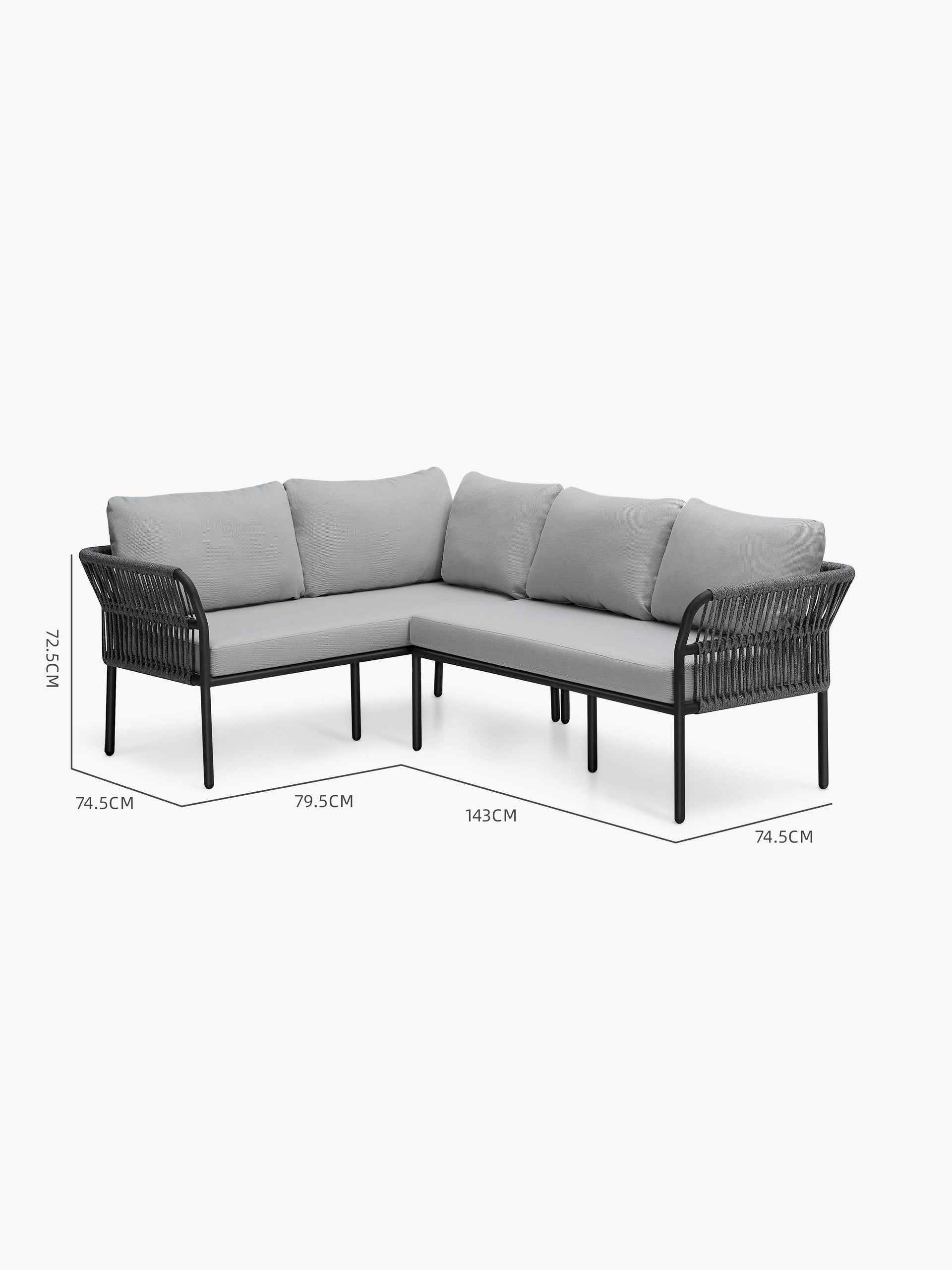Malaga Garten Ecklounge Set (4-Sitzer) mit schwarzem Metallrahmen und Seilarmlehnen, gepolstert in hellgrauen Kissen. Das modulare Design bietet flexible Gestaltungsmöglichkeiten für Terrassen oder Balkone.