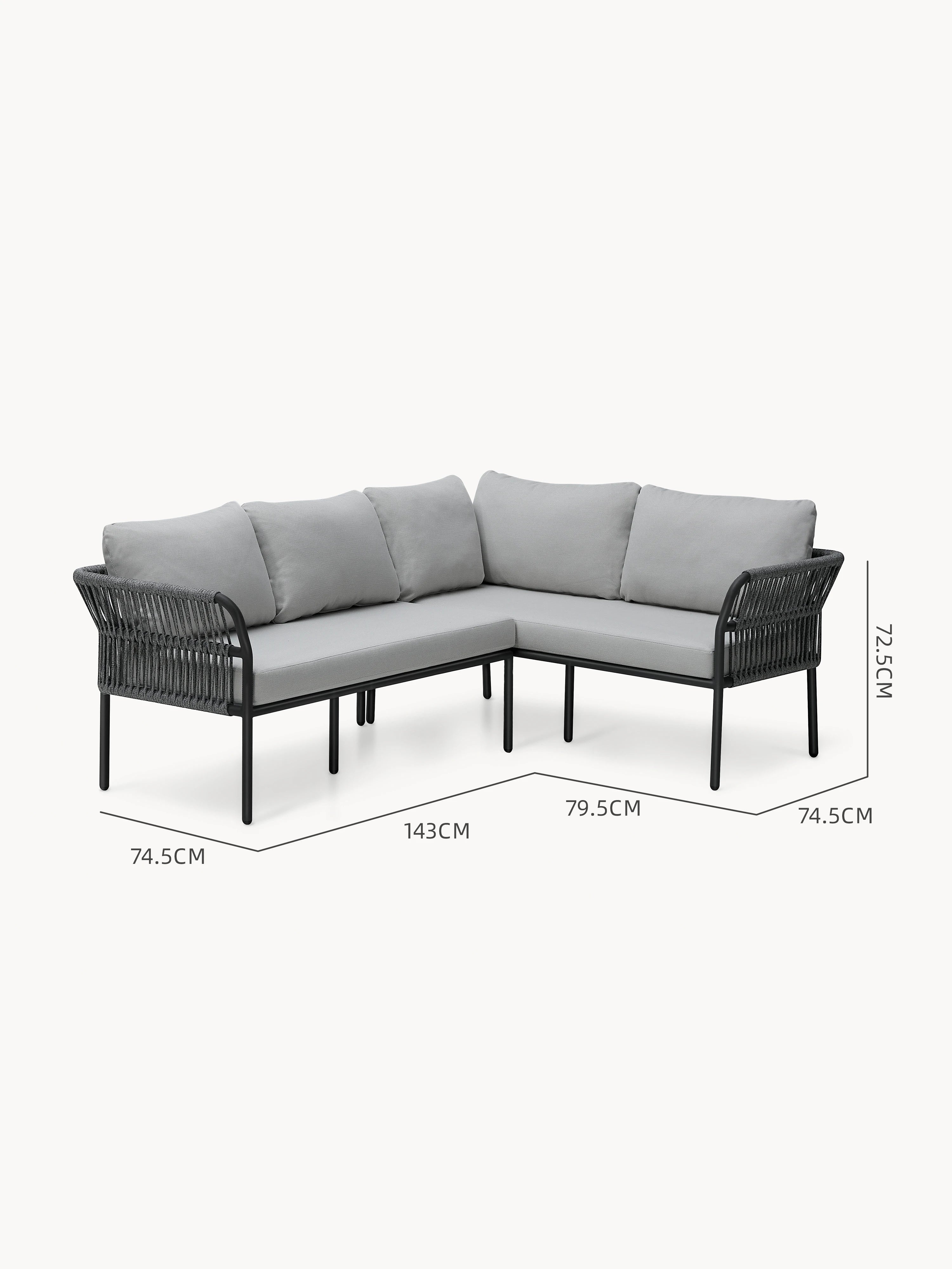 Malaga Garten Ecklounge Set (4-Sitzer) mit schwarzem Metallrahmen, gewebten Seil-Armlehnen, hellgrauen Kissen. L-förmiges Design, ideal für flexible Terrassengestaltung.