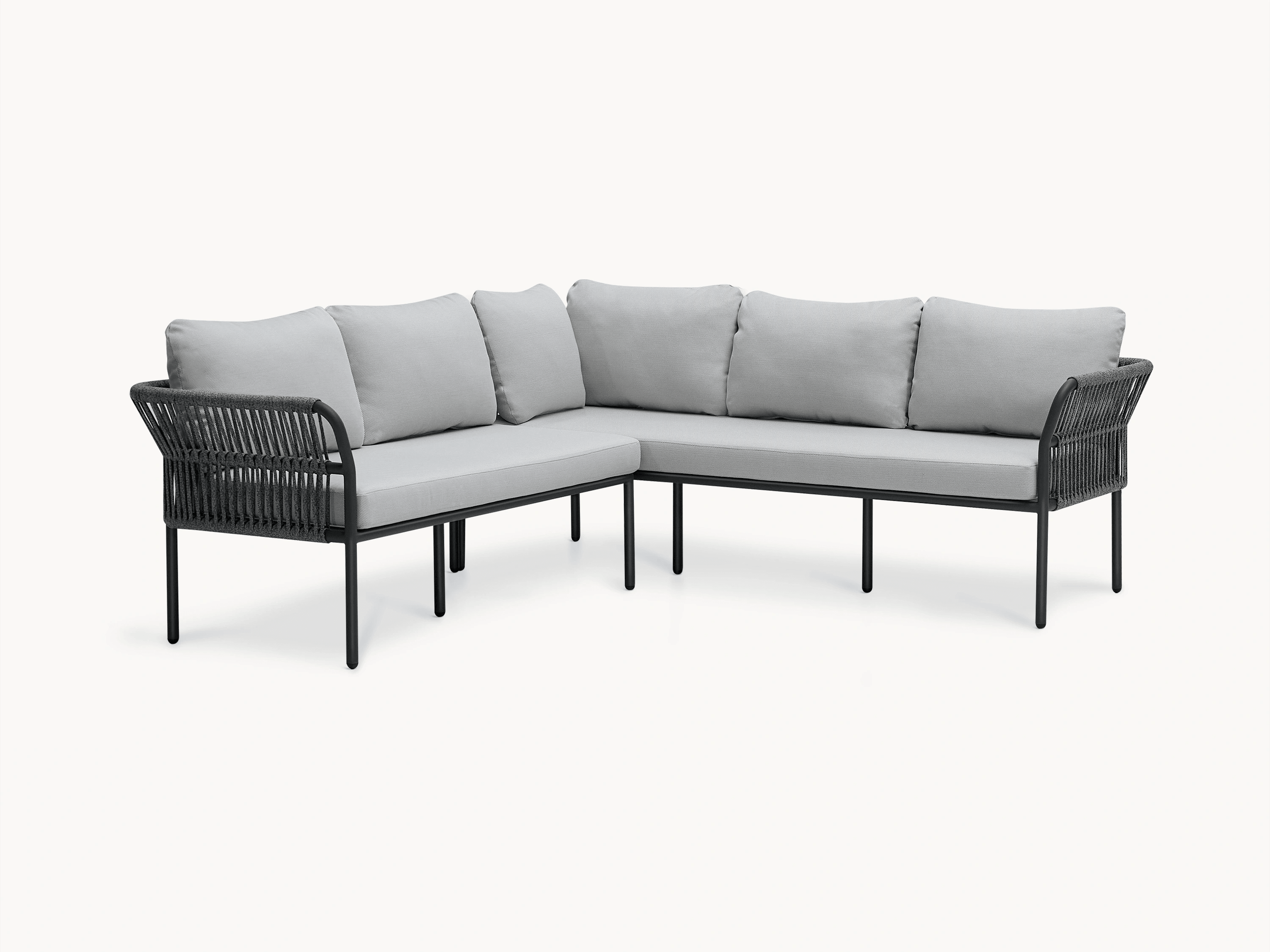 Malaga Garten Ecklounge Set (5-Sitzer) mit weißem Bezug, bestehend aus modularen Stoffsofas und abgerundeten Armlehnen, ideal für flexible Terrassenanpassungen und sichere Familiennutzung, wetterfest und stilvoll.