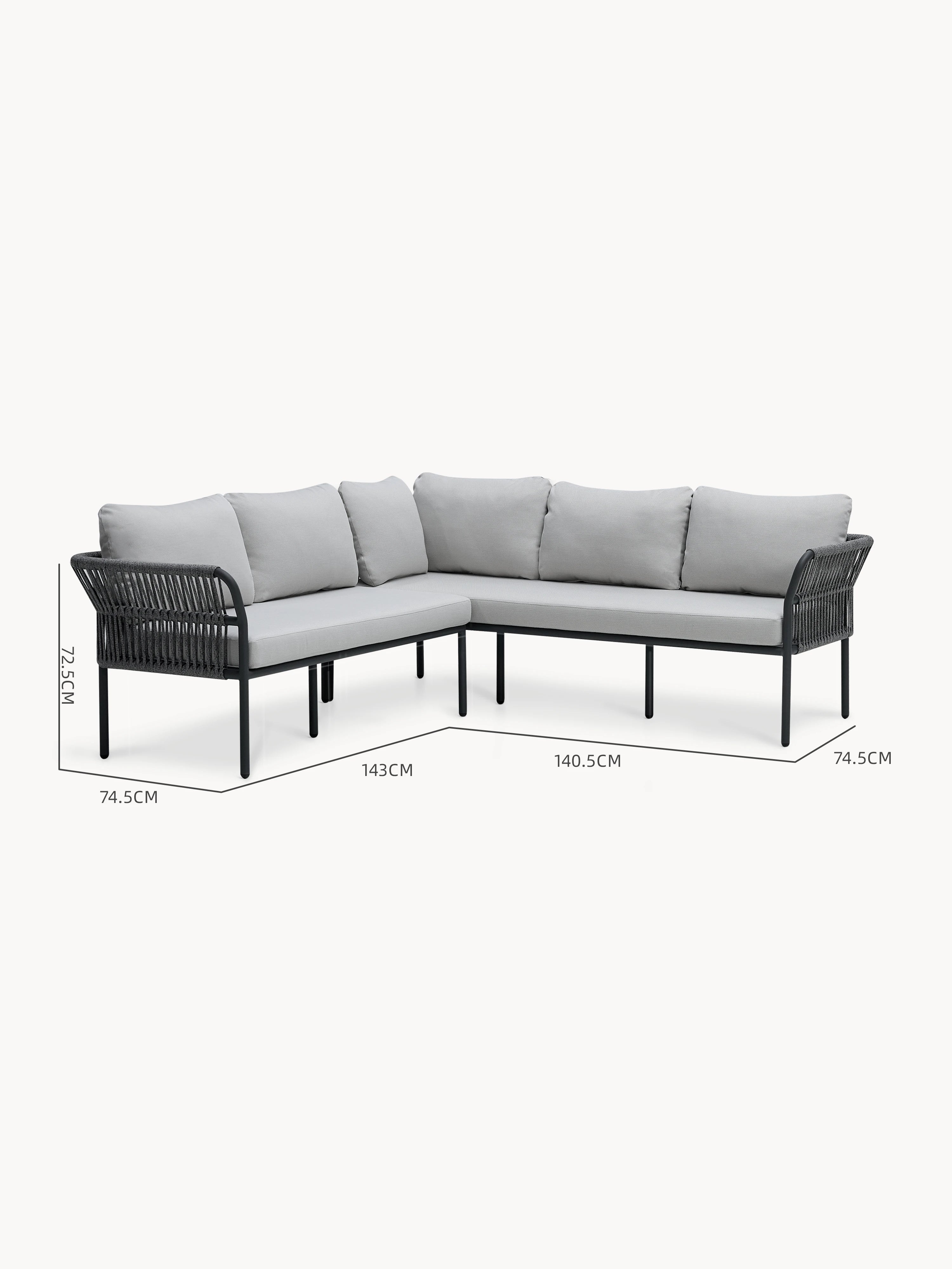 Malaga Garten Ecklounge Set (5-Sitzer) mit dunkelmetallrahmen, geflochtenen Seilseiten und hellgrauen Polstern. Ideal für Terrassen, modular und wetterfest, bietet es Flexibilität und stilvolle Robustheit.