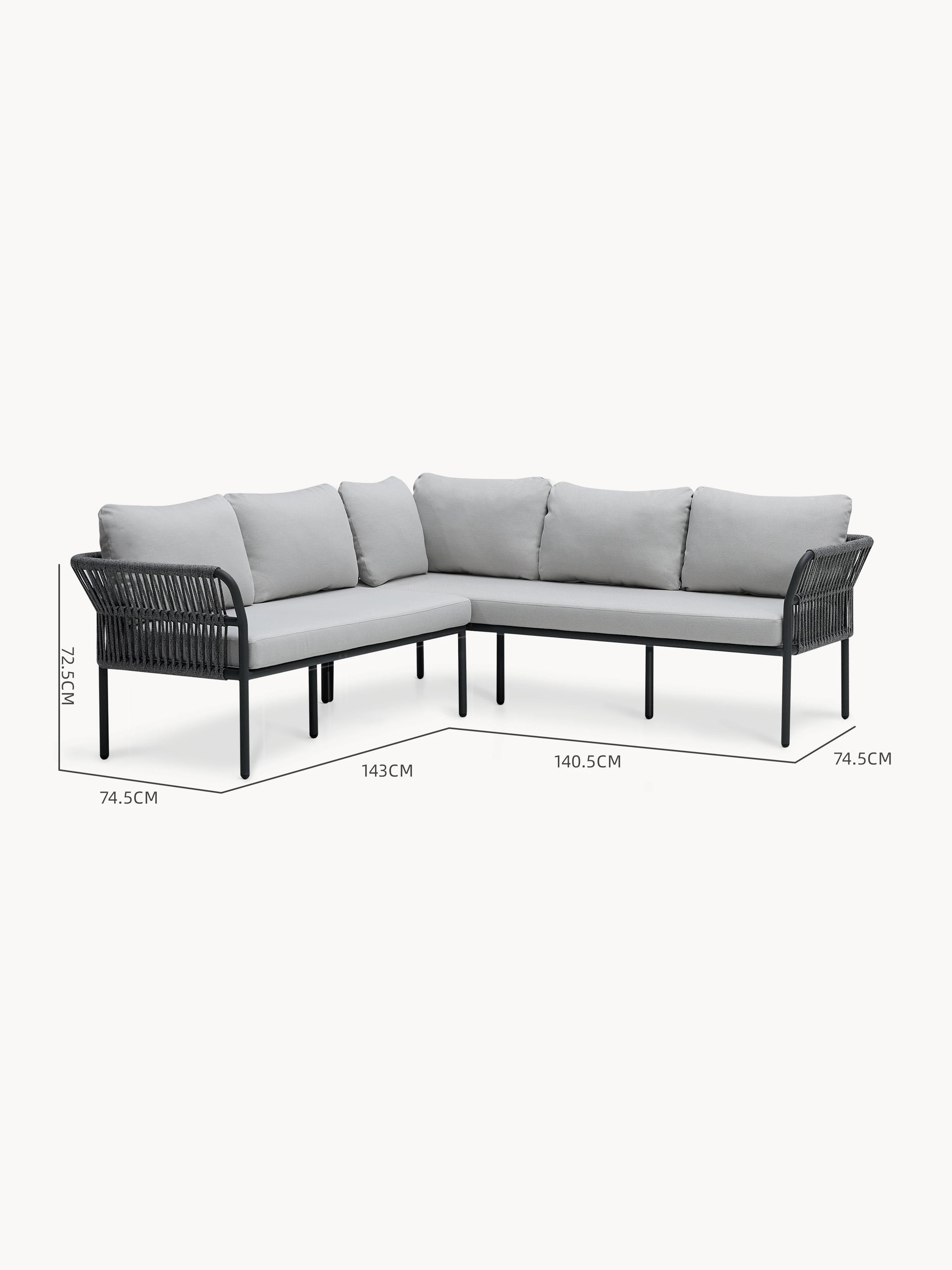 Malaga Garten Ecklounge Set (5-Sitzer) mit dunkelmetallrahmen, geflochtenen Seilseiten und hellgrauen Polstern. Ideal für Terrassen, modular und wetterfest, bietet es Flexibilität und stilvolle Robustheit.