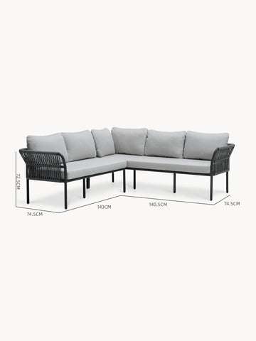 Malaga Garten Ecklounge Set (5-Sitzer) mit dunkelmetallrahmen, geflochtenen Seilseiten und hellgrauen Polstern. Ideal für Terrassen, modular und wetterfest, bietet es Flexibilität und stilvolle Robustheit.