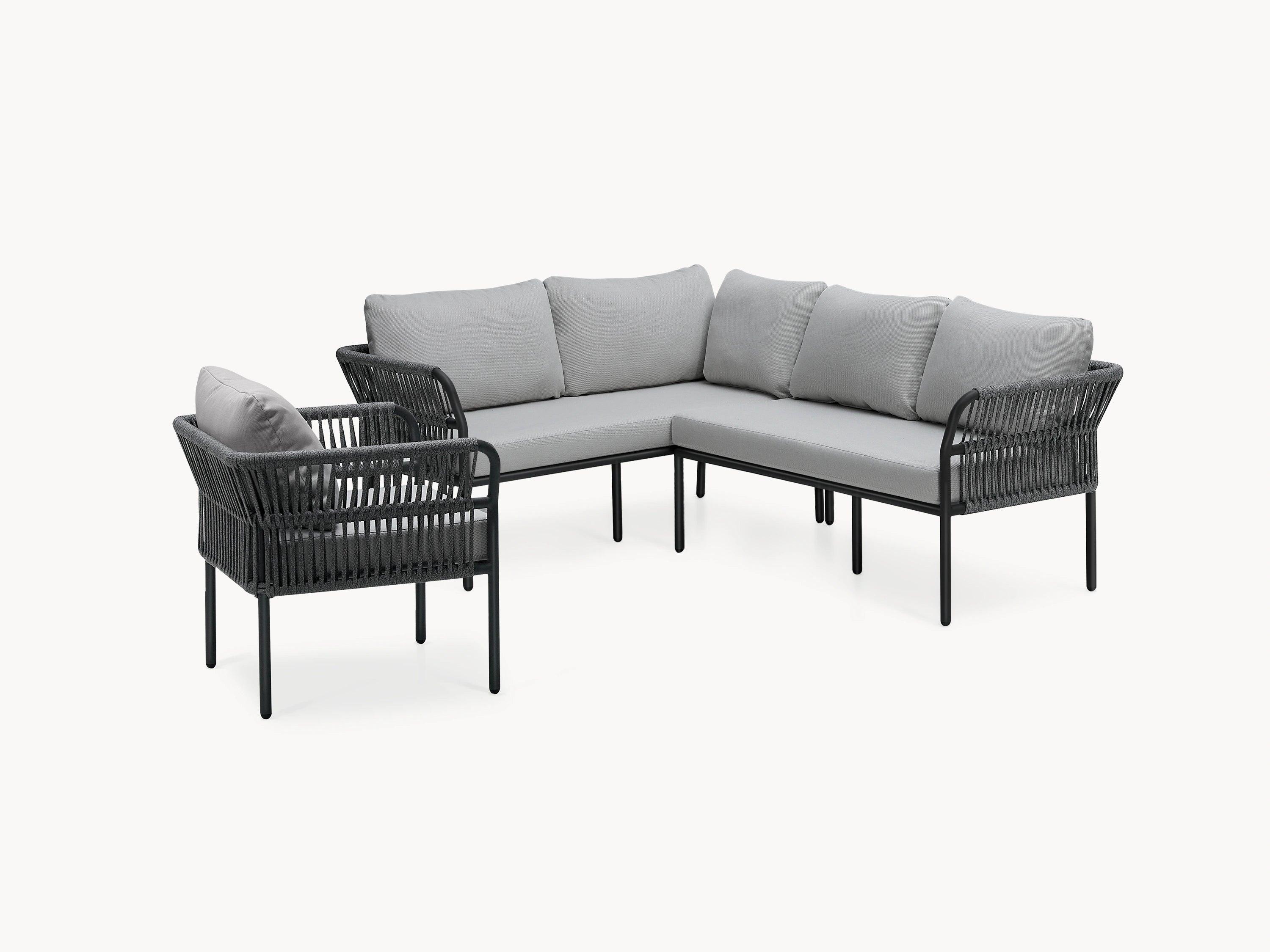 Malaga Garten Ecklounge Set (5-Sitzer) mit grauem Sofa und Stuhl. Aluminiumrahmen, wetterfeste Stoffe und Zugbänder kombinieren Design und Komfort, ideal für Terrassen- und Gartenbereiche.