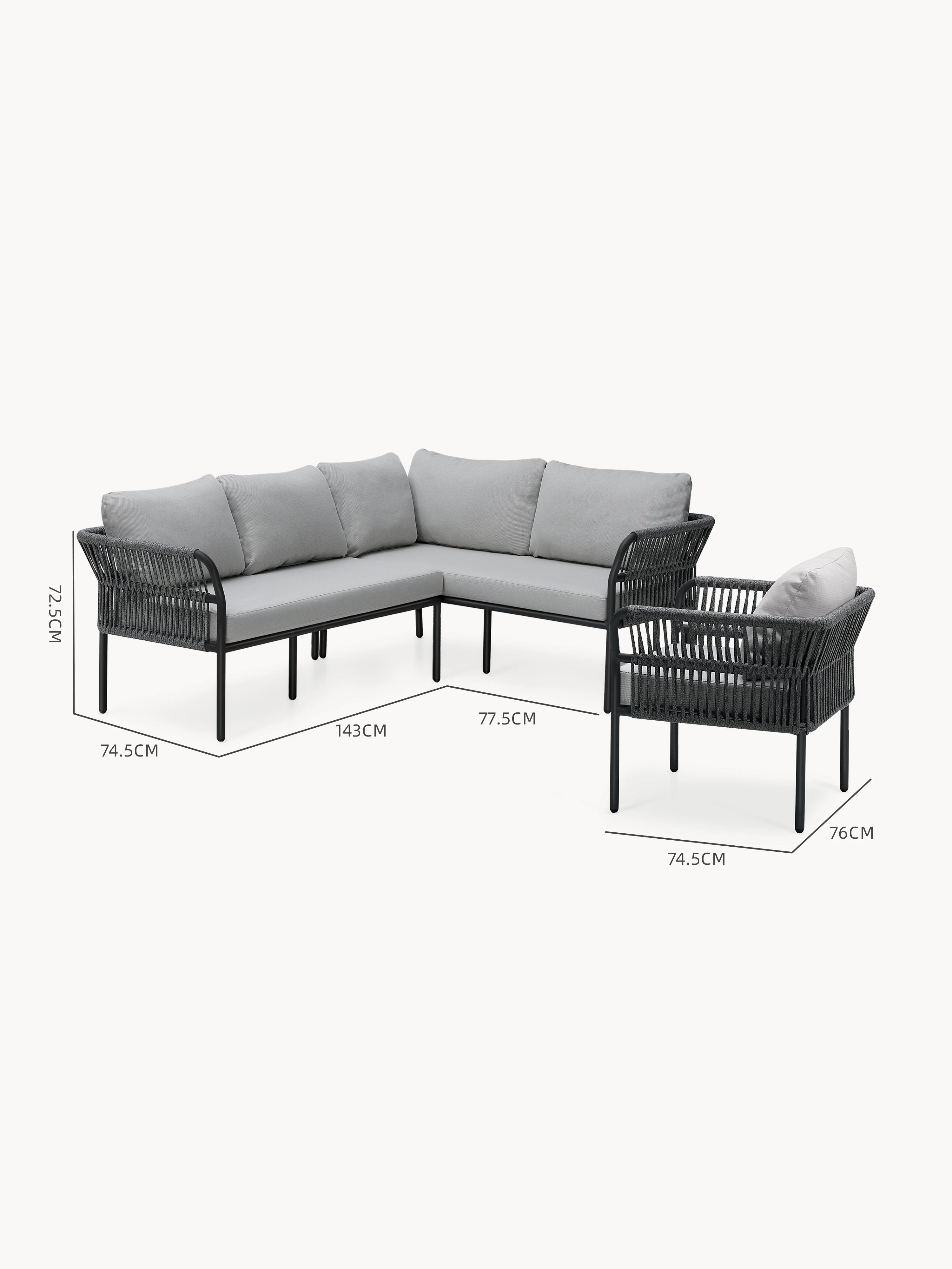 Malaga Garten Ecklounge Set (5-Sitzer): L-förmiges Sofa mit schwarzem Metallrahmen und Seilgeflecht, hellgraue Kissen; ein passender Sessel. Modernes, modulares Design für stilvolle, wetterfeste Terrassengestaltung.